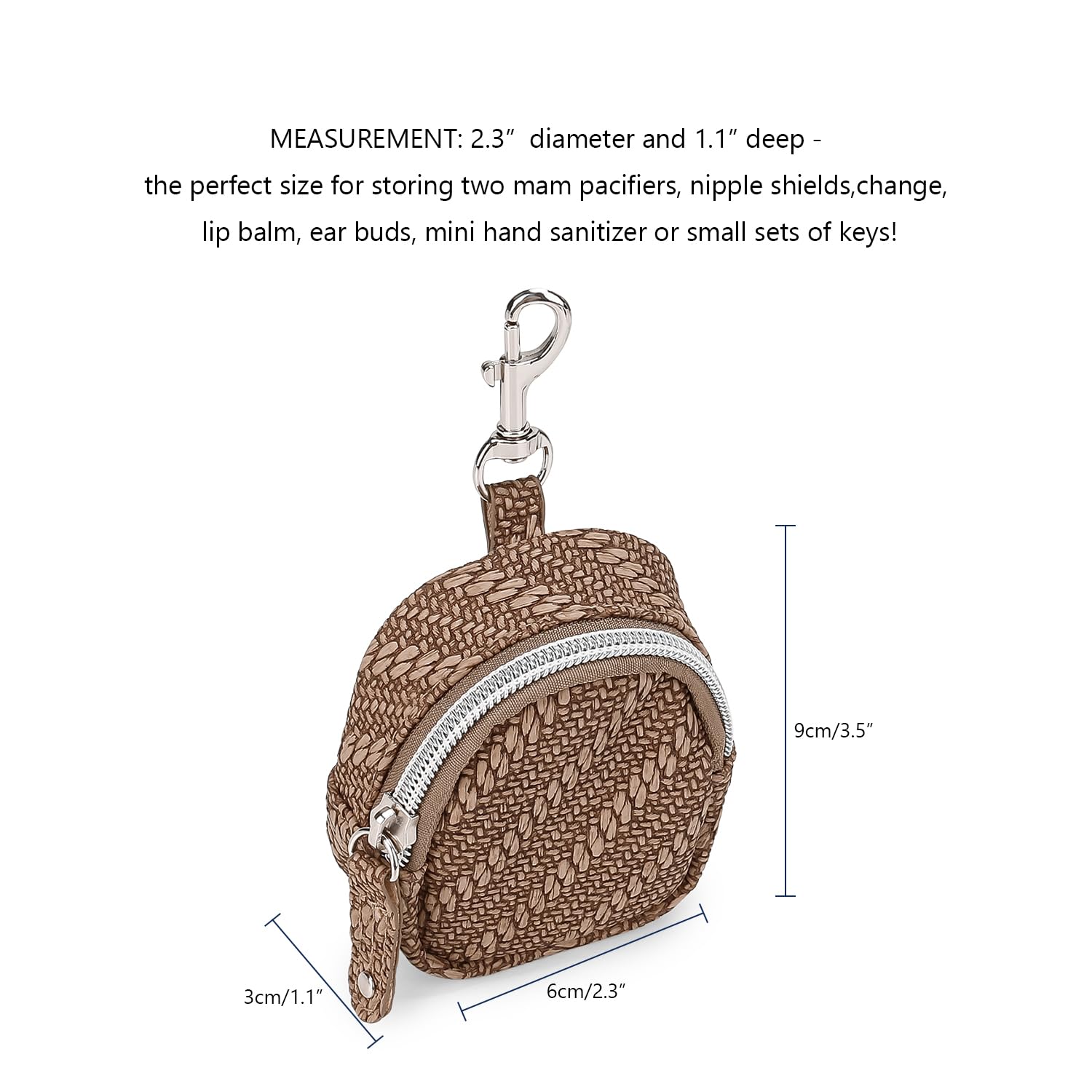 Pacifier Case Bag - Pacifier Holder with Clip for Diaper Bag Stroller Purse Charm, Holds 2 Pacifiers Outdoor Travel (Brown)