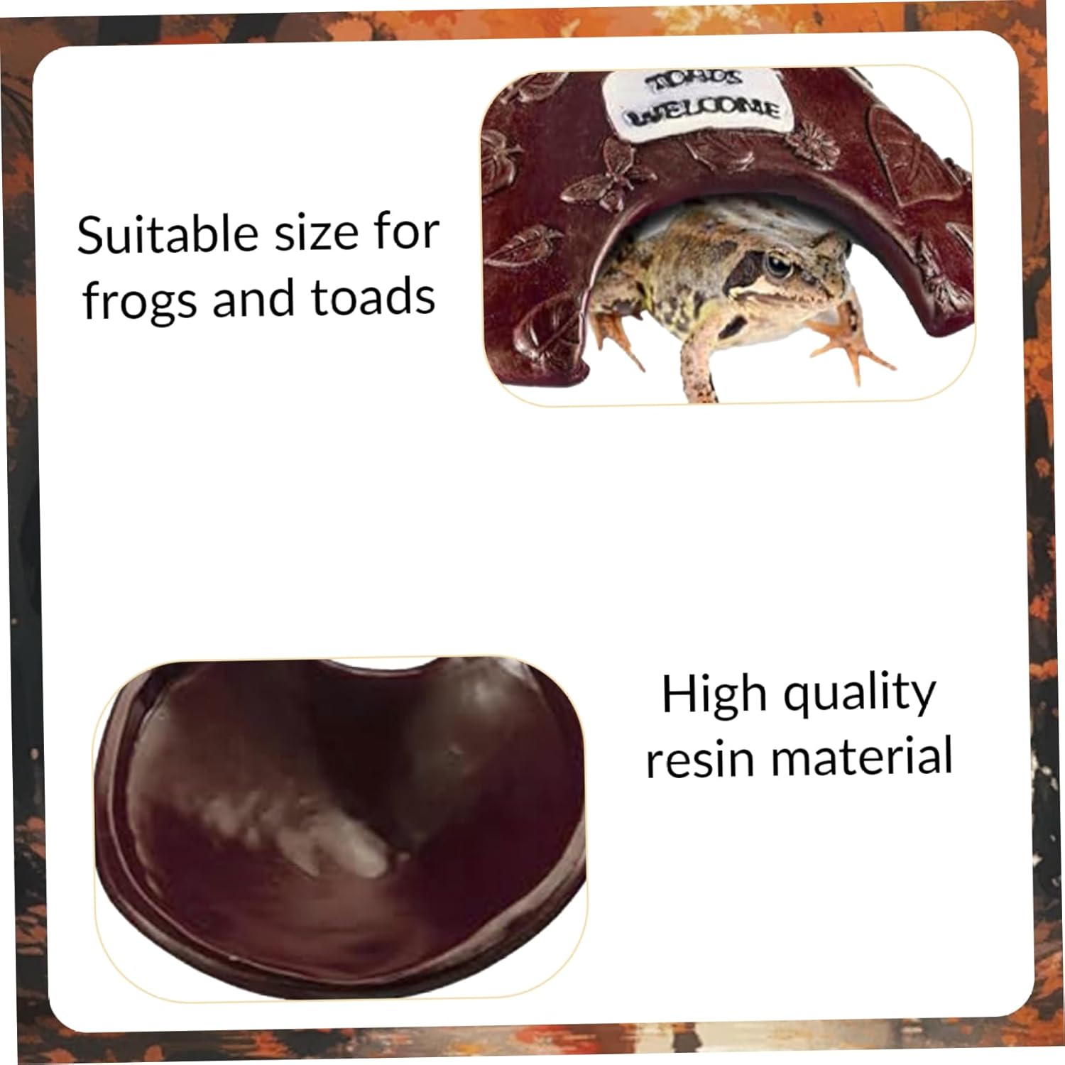 Toad House 8x4in Leaf Pattern Frog House Resin Protective Toad Habitat with Welcome Sign Cute for Outside Garden, Zoo, Aquarium, Brown &