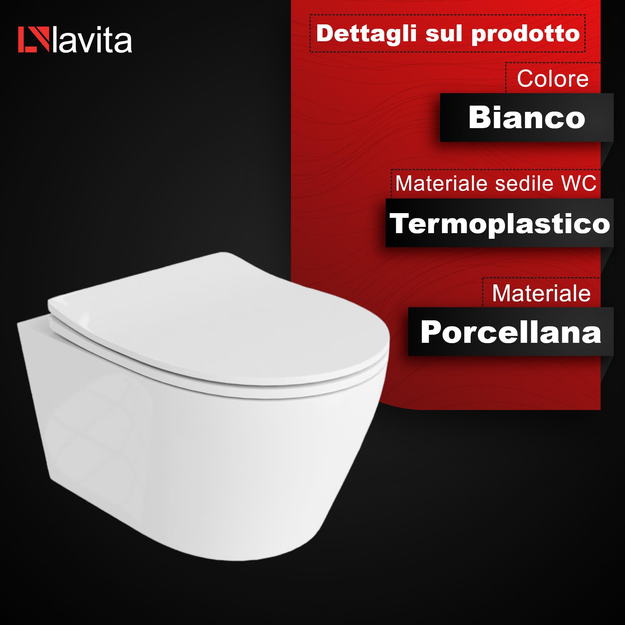 LAVITA Praia - WC sospeso, copriwater con abbassamento automatico e cerniere in metallo, senza bordo, 360 x 480 x 375 mm, bianco lucido
