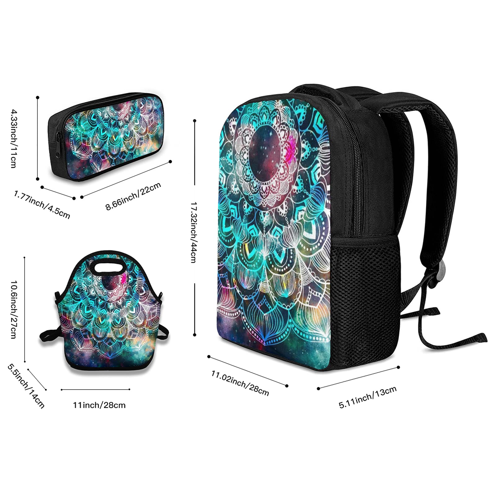 Juego de mochila escolar, diseño abstracto geométrico antiguo con campo de estrellas y colorido diseño gráfico de mandala de acuarela de galaxia, con bolsa de almuerzo y estuche para lápices, para