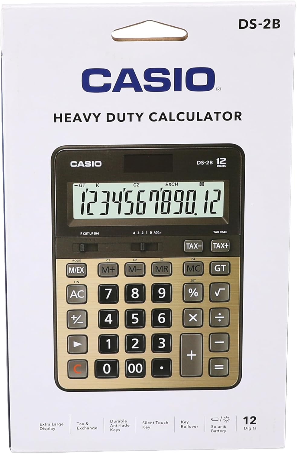 Casio DS-2B-GD-W-DP calculator packaging with barcode and websito