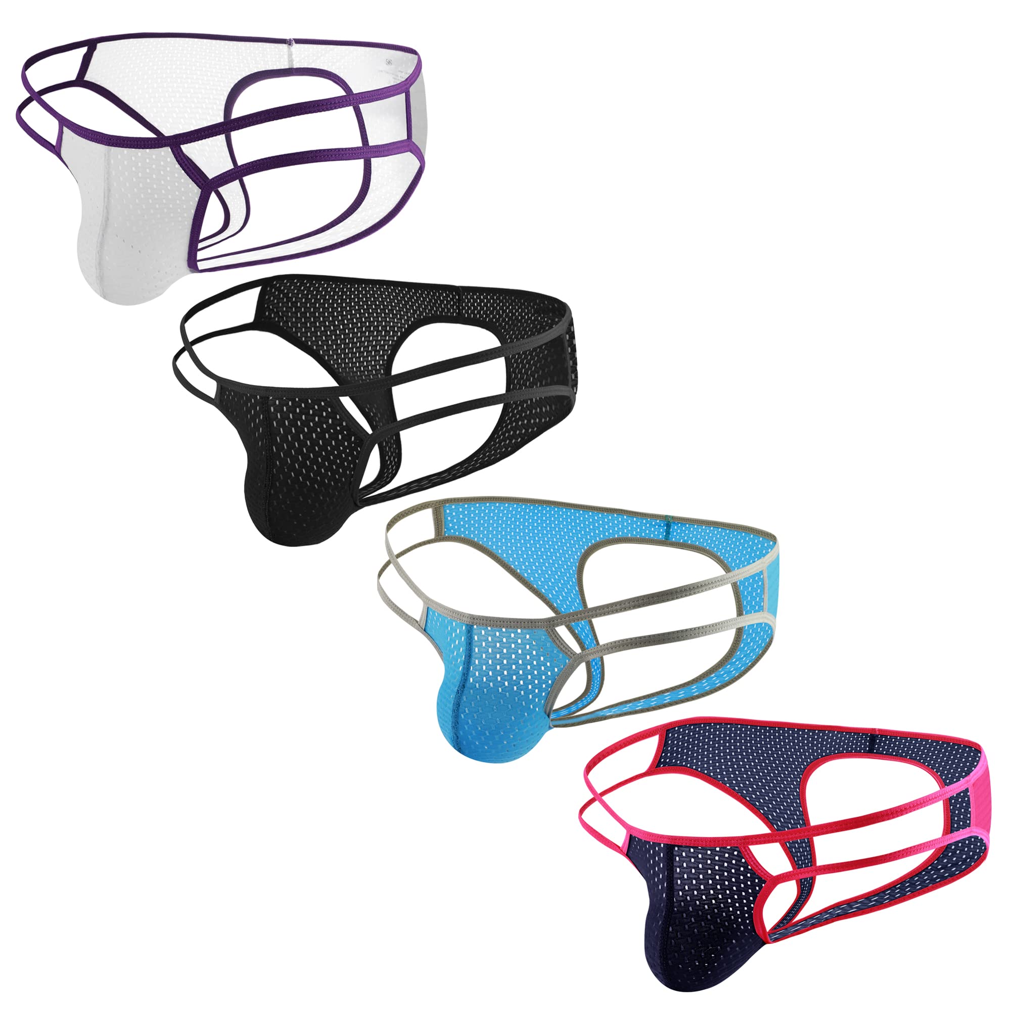 QiaTi Men's Jockstrap Underwear Sexy Mens Thong G-String Mesh Breathable Athletic Supporter Low Raise Jock Strap Multicolor - White,black,sky Blue,navy - Large
