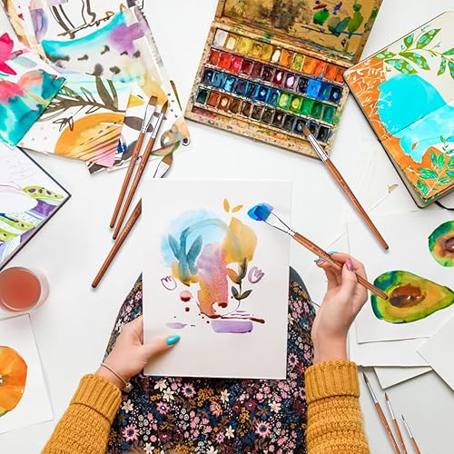 Miniatura 4 de Fuumuui - Juego de 8 pinceles de acuarela profesionales de Sable, variedad de formas con punta plana, redonda, forro, lengua de gato, lavado