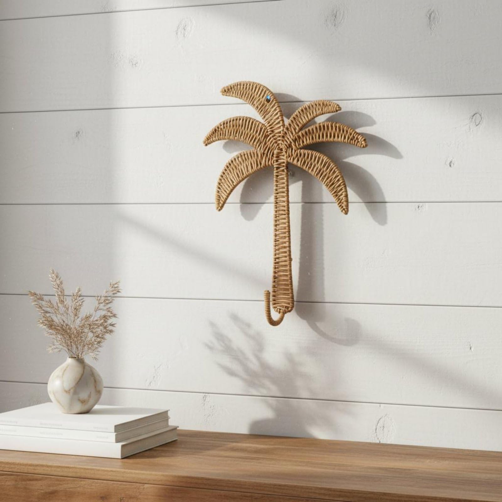 Crochet Palmier en Rotin Tressé Naturel, Support Mural Décoratif Style Boho, Décoration Murale en Forme d'Arbre, Porte-Clés et Accessoire Léger, Gain de Place, pour Entrée, Bureau, Chambre