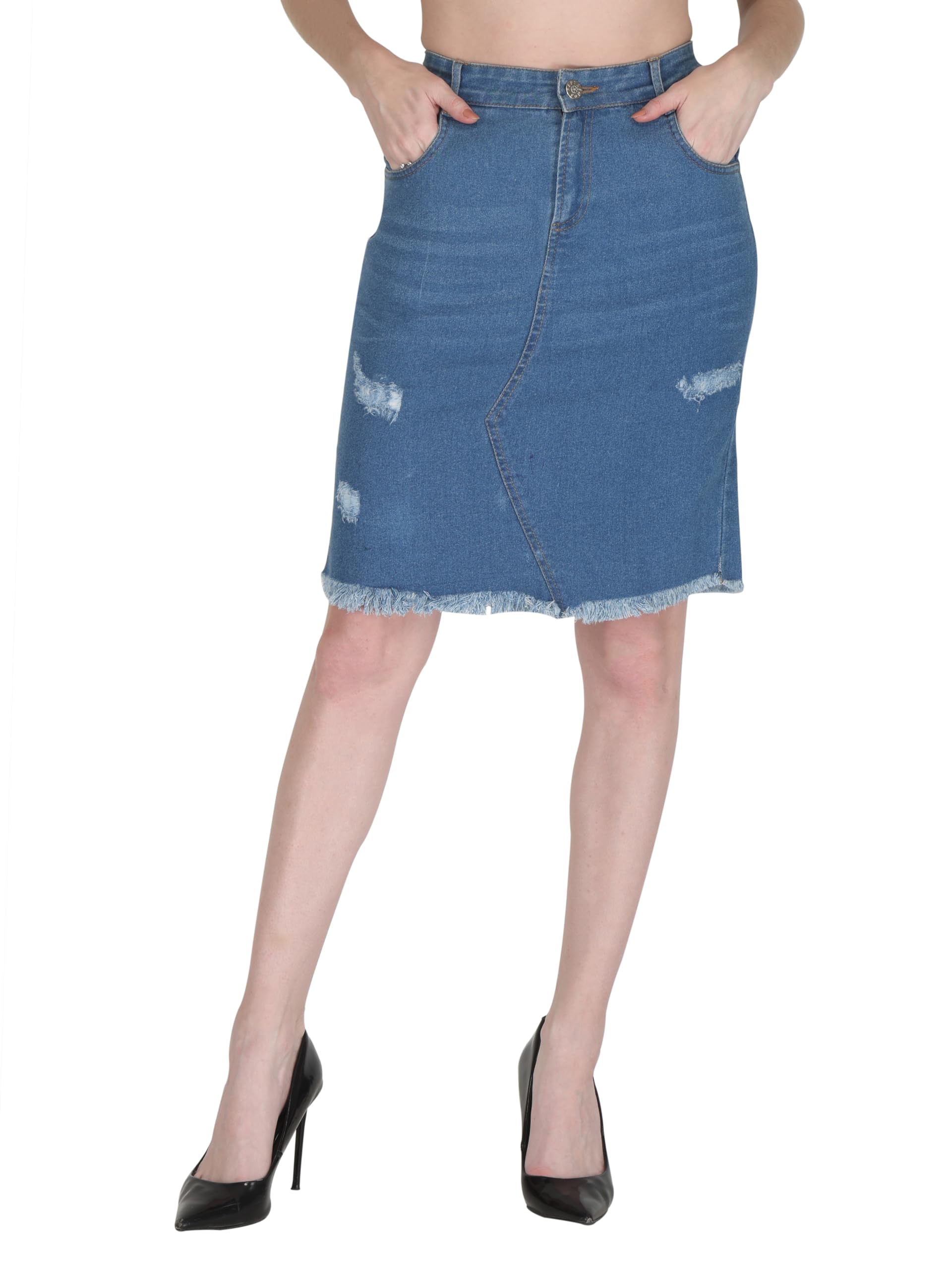 peptrends Women's Straight Fit Mid Rise Above Knee Length Distressed Denim Skirt-picture-11