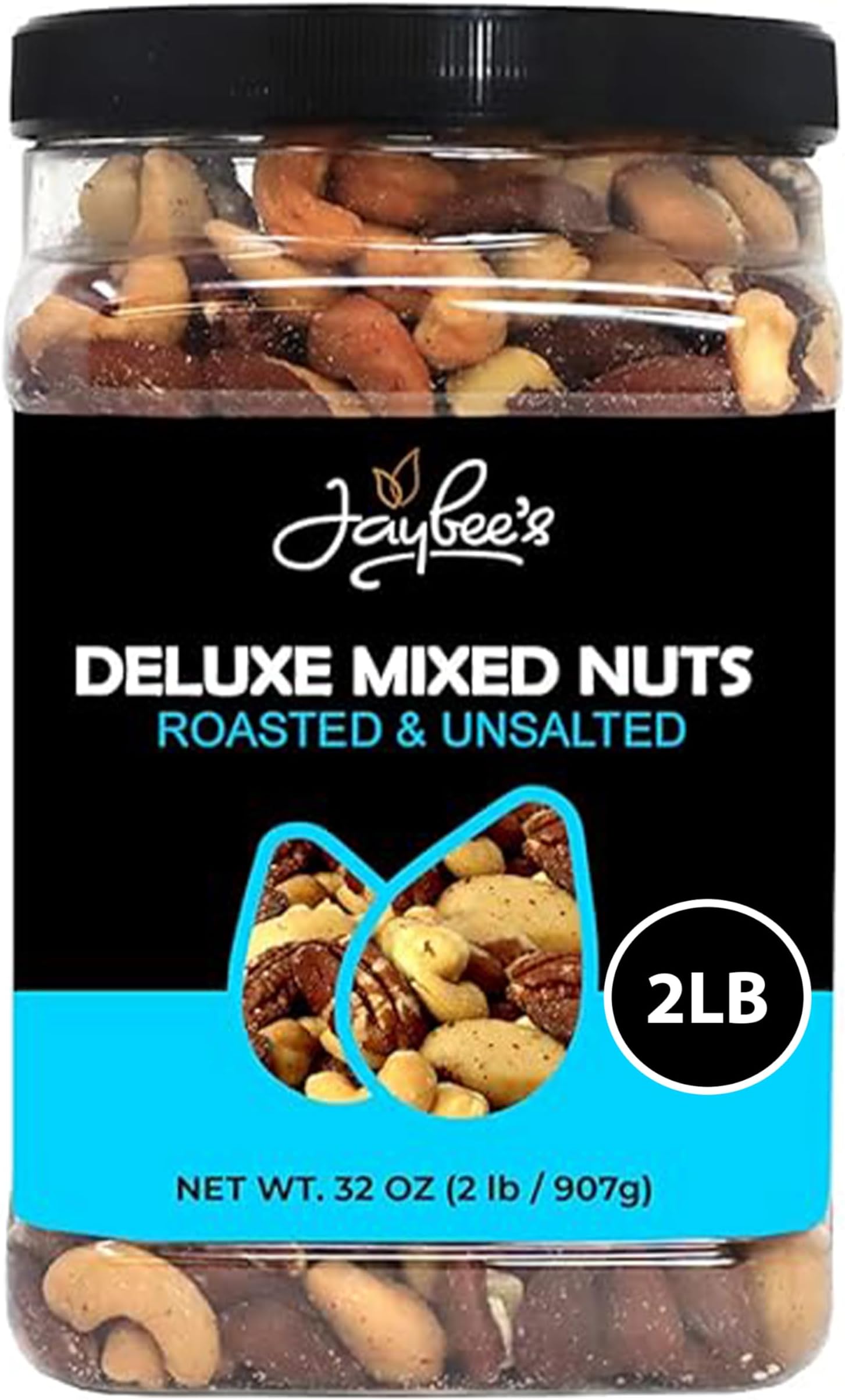 Jaybee’s Unsalted Mixed Nuts | 32 oz | Gourmet Roasted Deluxe Nut Mix with Cashews, Almonds, Pecans, Hazelnuts, Brazil Nuts (No Peanuts) | Keto, Vegan Friendly, Kosher, Healthy Snacks