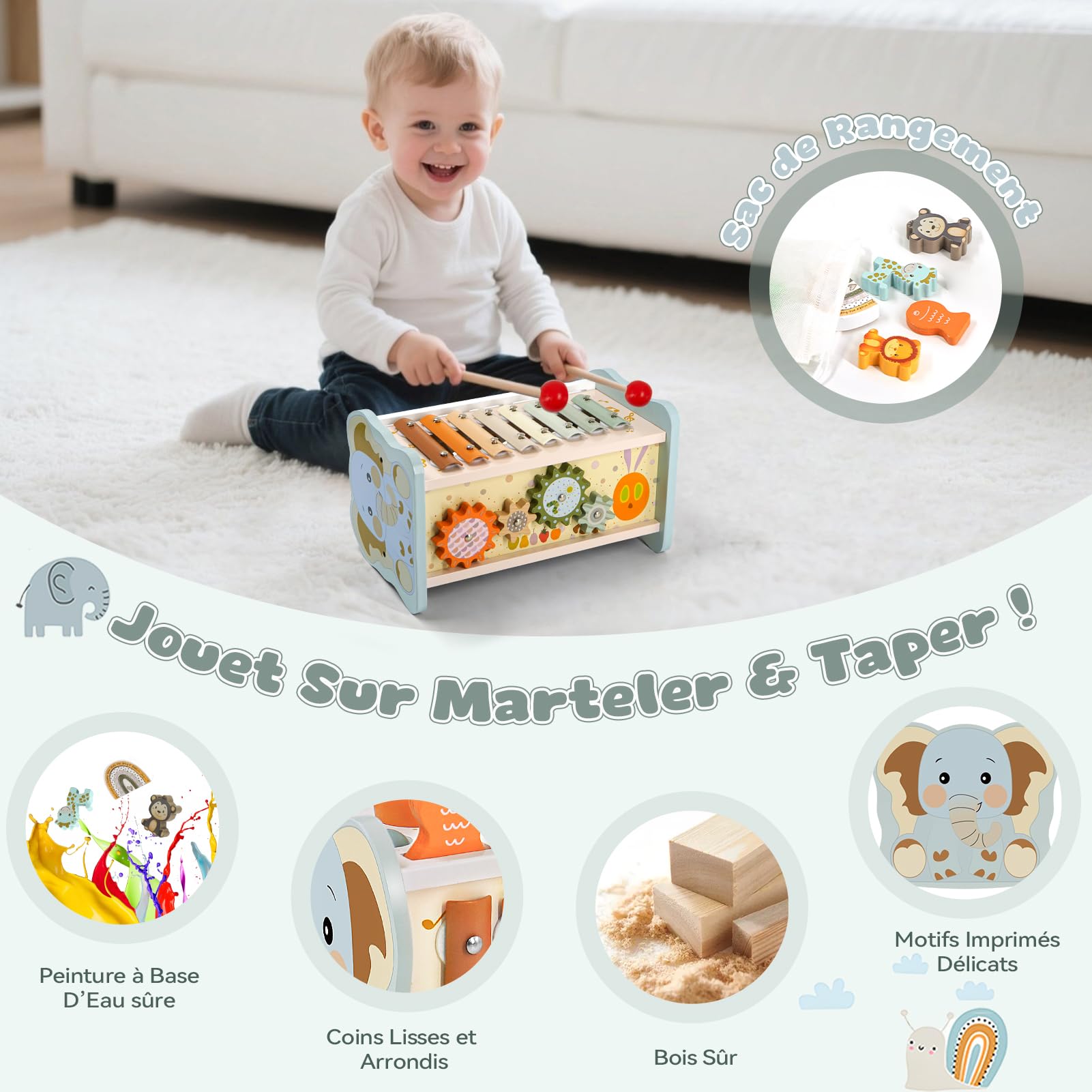Jouet Montessori 1 an 6 en 1 Bois Bebe avec Xylophone, Jeu de Taupe, Pêche, Engrenage, Cadeau Anniversaire Noël 1 2 3 Ans Garcon Fille