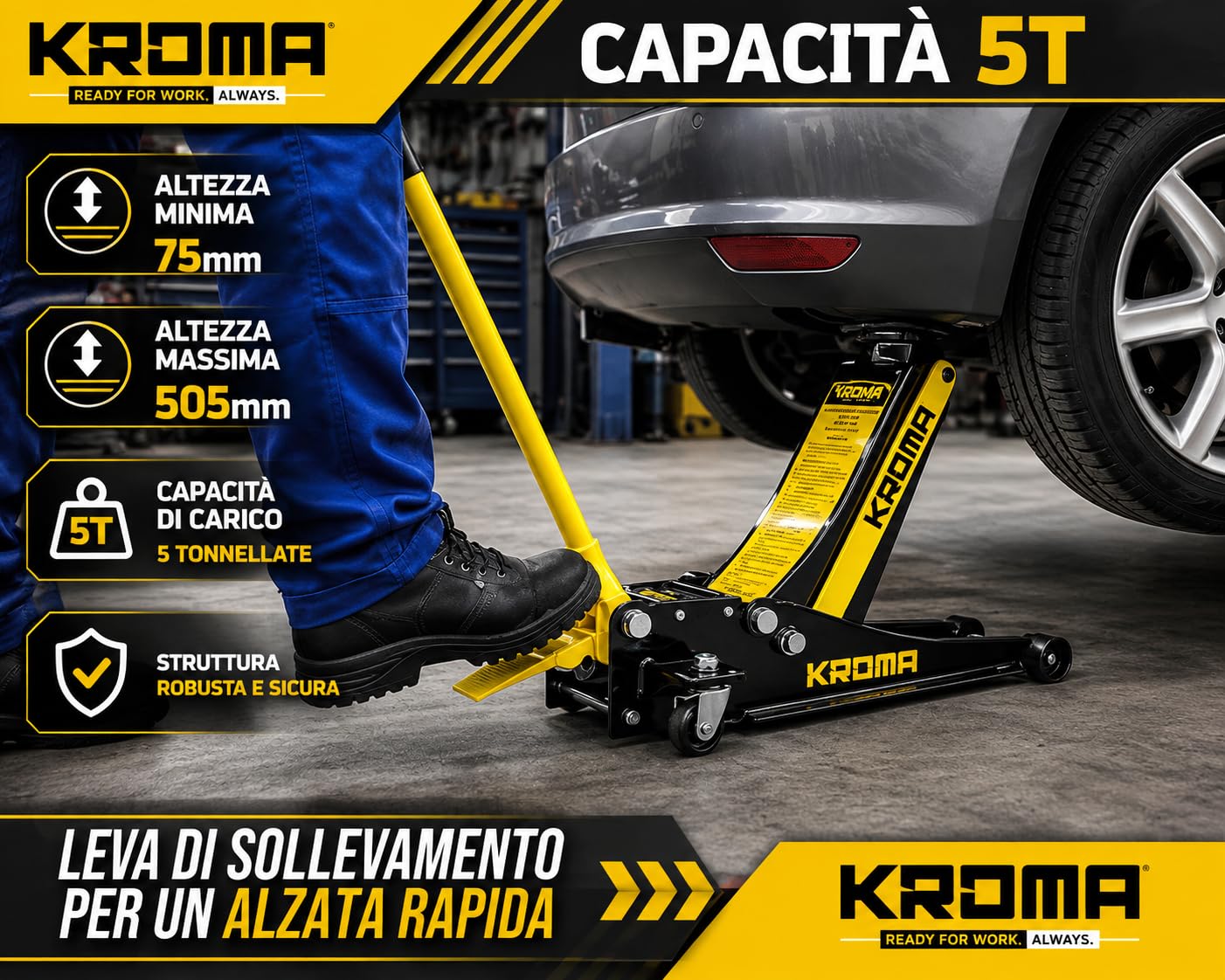 Kroma - Gato hidráulico profesional de 5 toneladas para coche de perfil bajo 75 – 505 mm, doble pistón hidráulico, elevación rápida a pedal, ruedas de metal giratorias