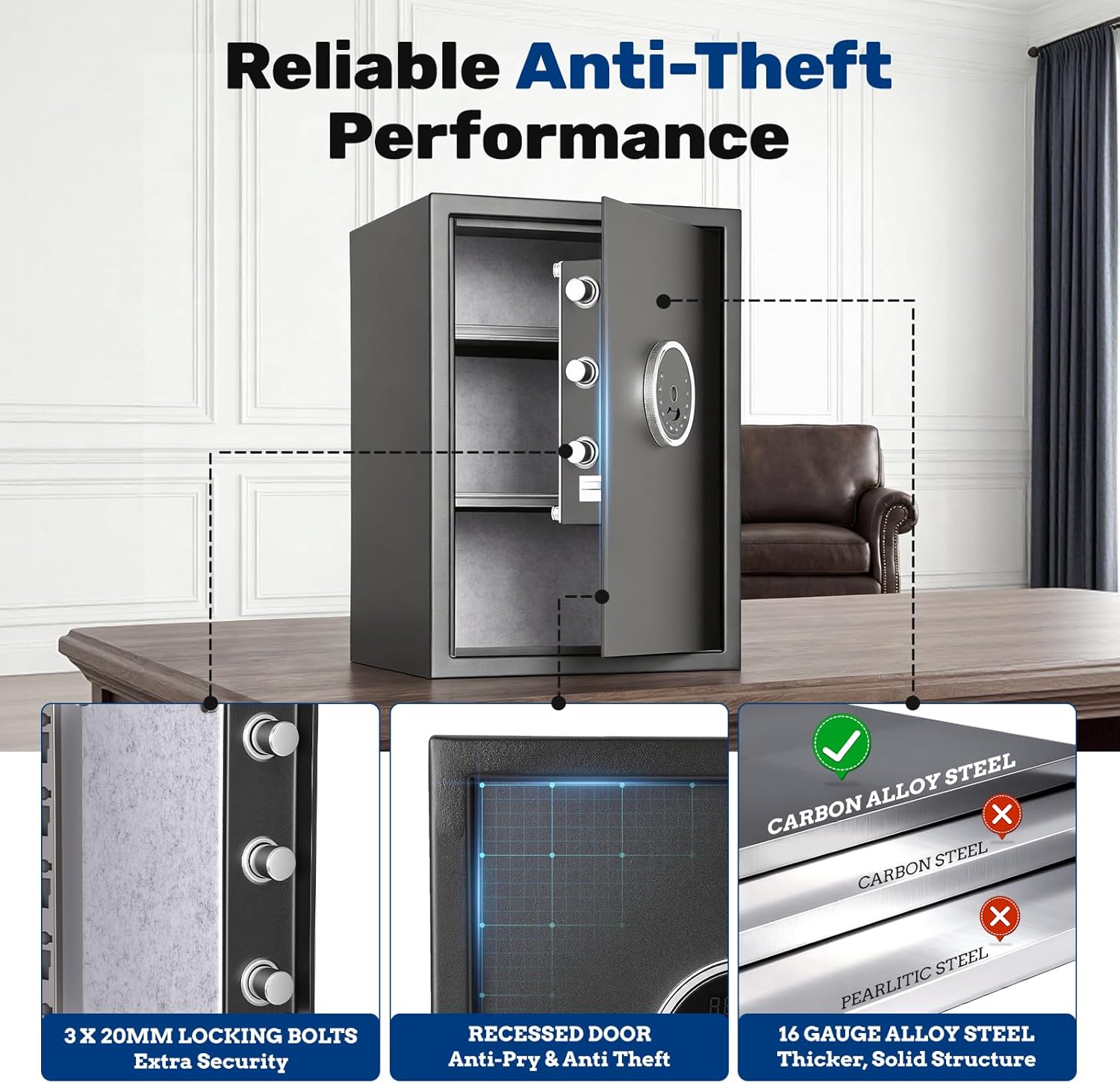 BlackSmith Home Biometric Safe 2.0 Cubic Feet Auto-Open Large Fingerprint Safe with Touchscreen Keypad Triple Alarm Security Safe Removable Shelf for Documents, Jewelry & Valuables