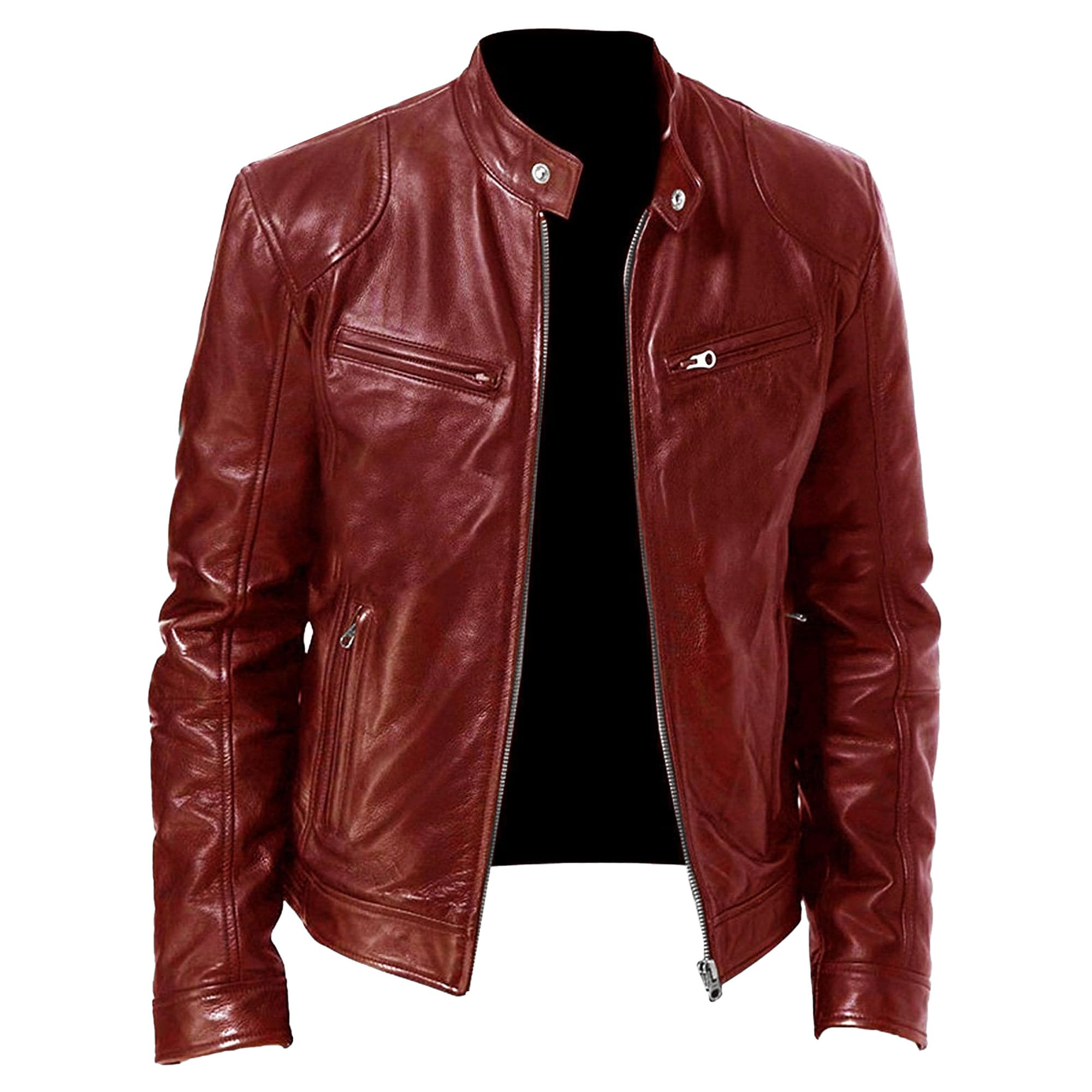 Men’S Stand Collar Leather Casual Jackets Leather Motorcycle Jacket Zipper Pockets Outerwear Motorcycle Pu Coat - Large - Wine Red 2