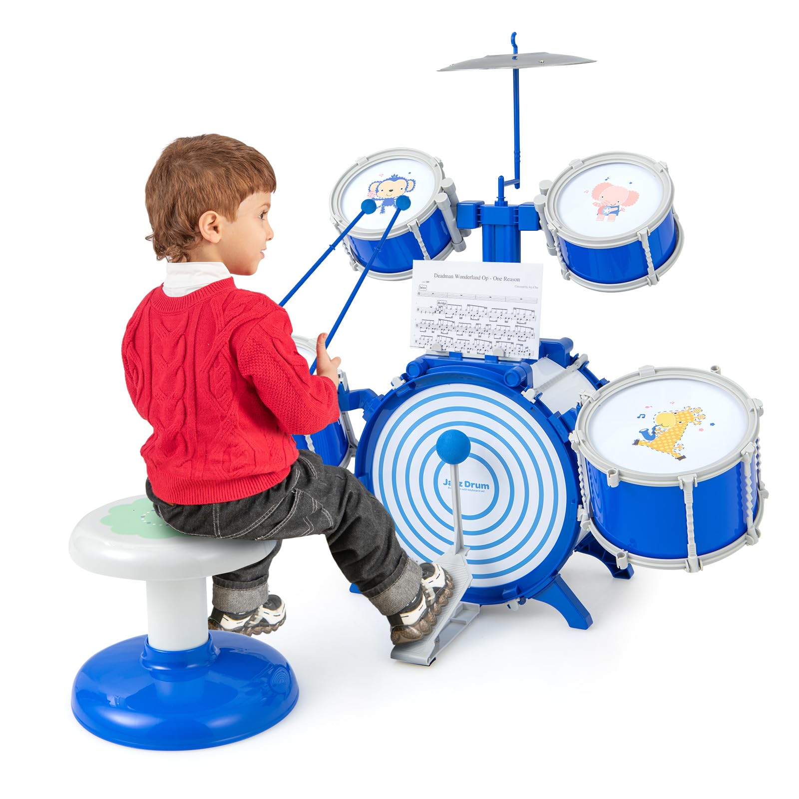 COSTWAY Set di Batteria per Bambini, Strumento Musicale a Percussione Educativo, Batteria Jazz con Sgabello, per Bambini 3+ Anni, Blu