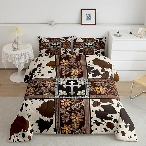 Juego de edredón con estampado de vaca, tamaño King, juego de ropa de cama floral retro para niñas, niños, hombres, mujeres, diseño oeste, suroeste,