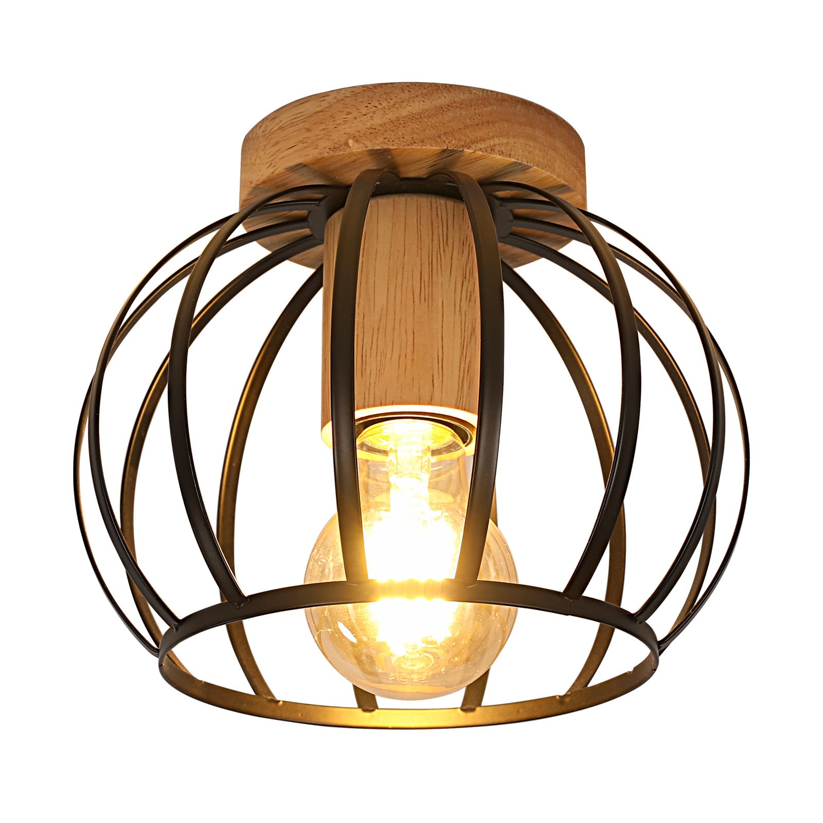 Goeco Ceiling Light Black, E27 Lamp Holder, Industrial Lampshade in the Shape of a Metal Cage with Wooden Base, Ceiling Light Vintage for Hallway, Balcony and Dining Room, Diameter 19 cm