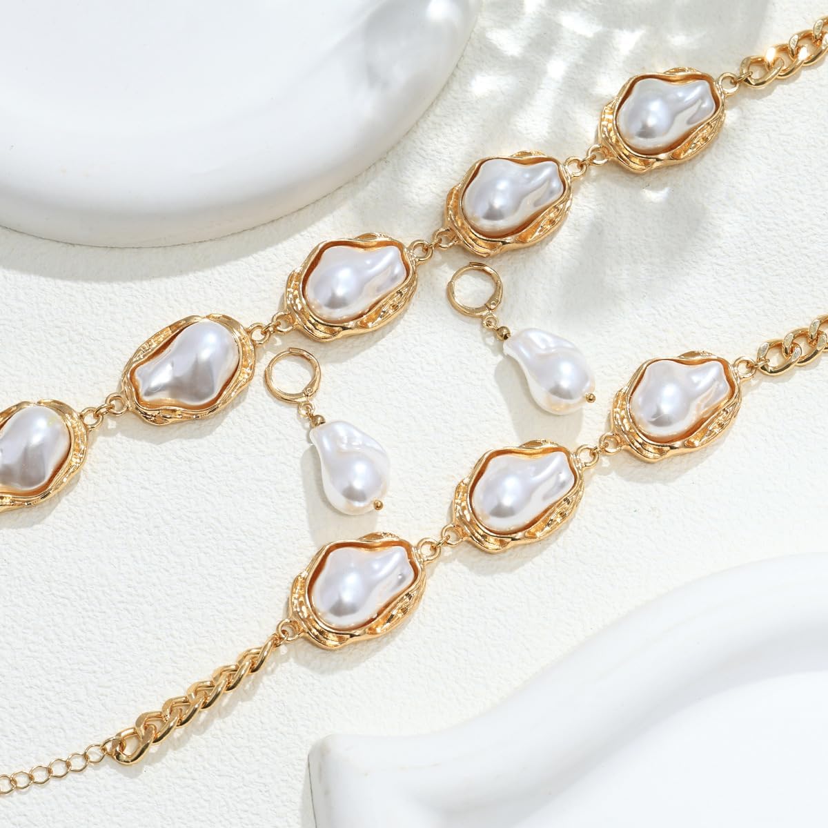 Chunky Gold Baroque Pearl Jewelry Set For Women Exquisite Adjustable Gold Irregular Geometric Pearl Choker Necklace Earring Bracelet Set Trendy Wedding Brides Bridesmaids Jewelry Set - Image 7