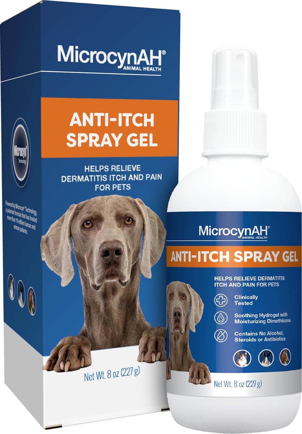 MicrocynAH Anti-Itch Spray Gel, Soothing Hydrogel w/ Dimethicone, Relief Dermatitis Itch & Pain, Clinically Tested, No Alcohol, Steroids or Antibiotics, Safe for Dogs, Cats, Horses & Rabbits, 8oz