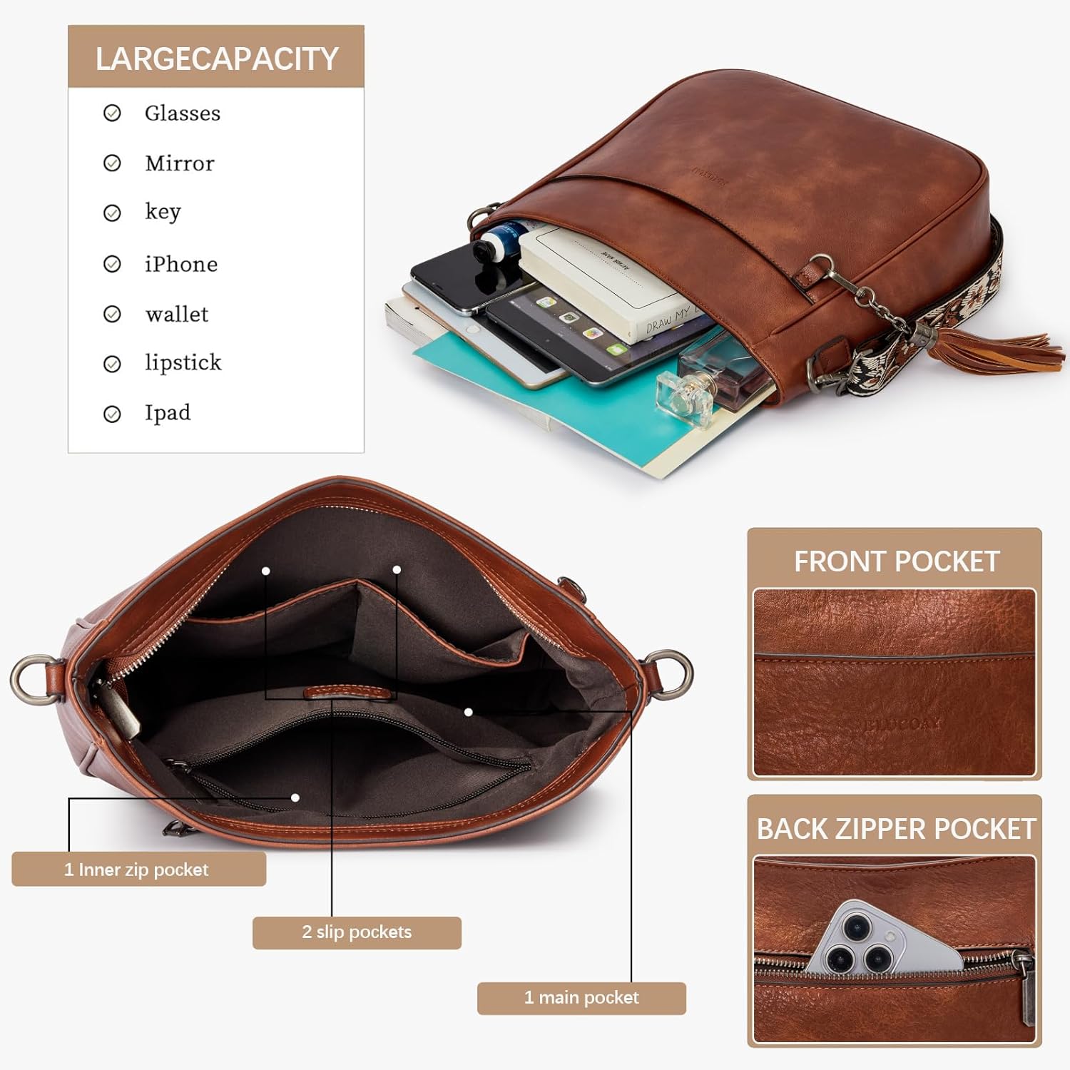 2PCS/Set Crossbody Bags Purses for Women,Vegan Leather Hobo Bags Wallet Set,Shoulder Handbags With 2 Adjustable Strap - Image 3