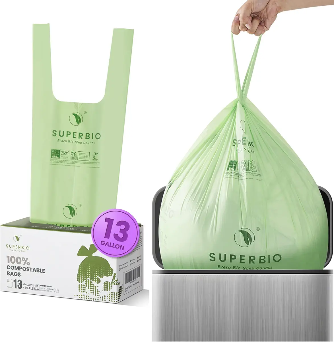 SUPERBIO 13 Gallon Compostable Handle Tie Tall Kitchen Garbage Bags, Heavy Duty Food Scrap Trash Bags Certified by BPI and OK Compost Home, 30 Count