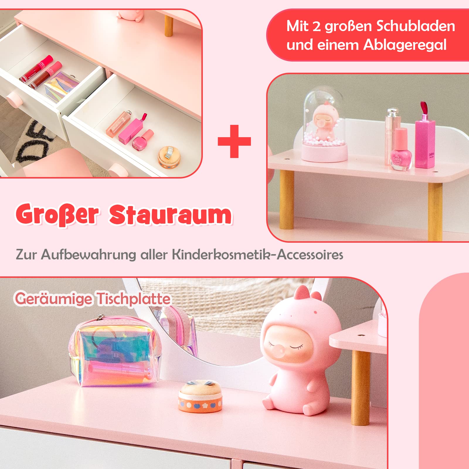 DREAMADE 2 in 1 Kinder Schminktisch mit Hocker und abnehmbarem Spiegel, Kinderschminktisch aus Holz, Prinzessin Frisiertisch Kosmetiktisch mit Schublade für Kinder Mädchen ab 3 Jahren (Weiß)