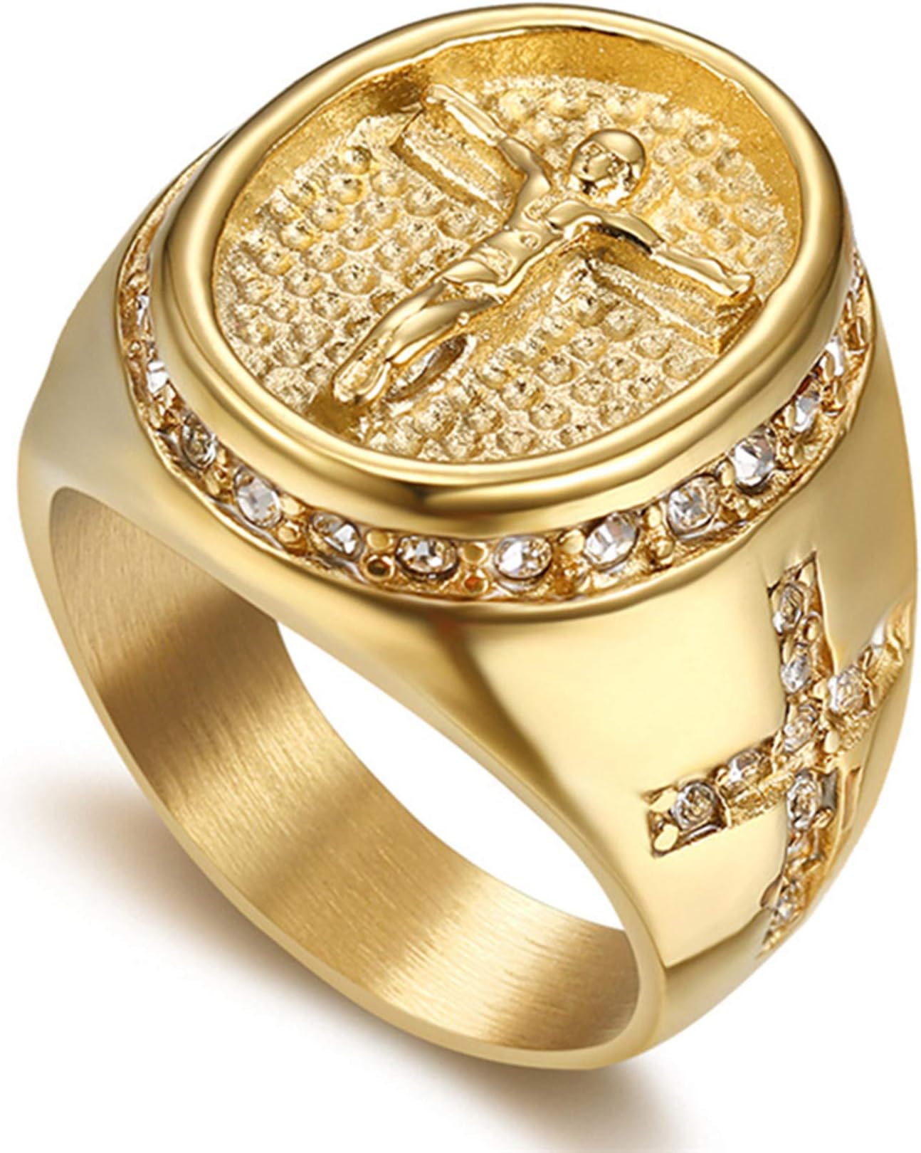 Mens Cross Ring Stainless Steel Gold Plated Christian Jesus Catholicism Religious Rings