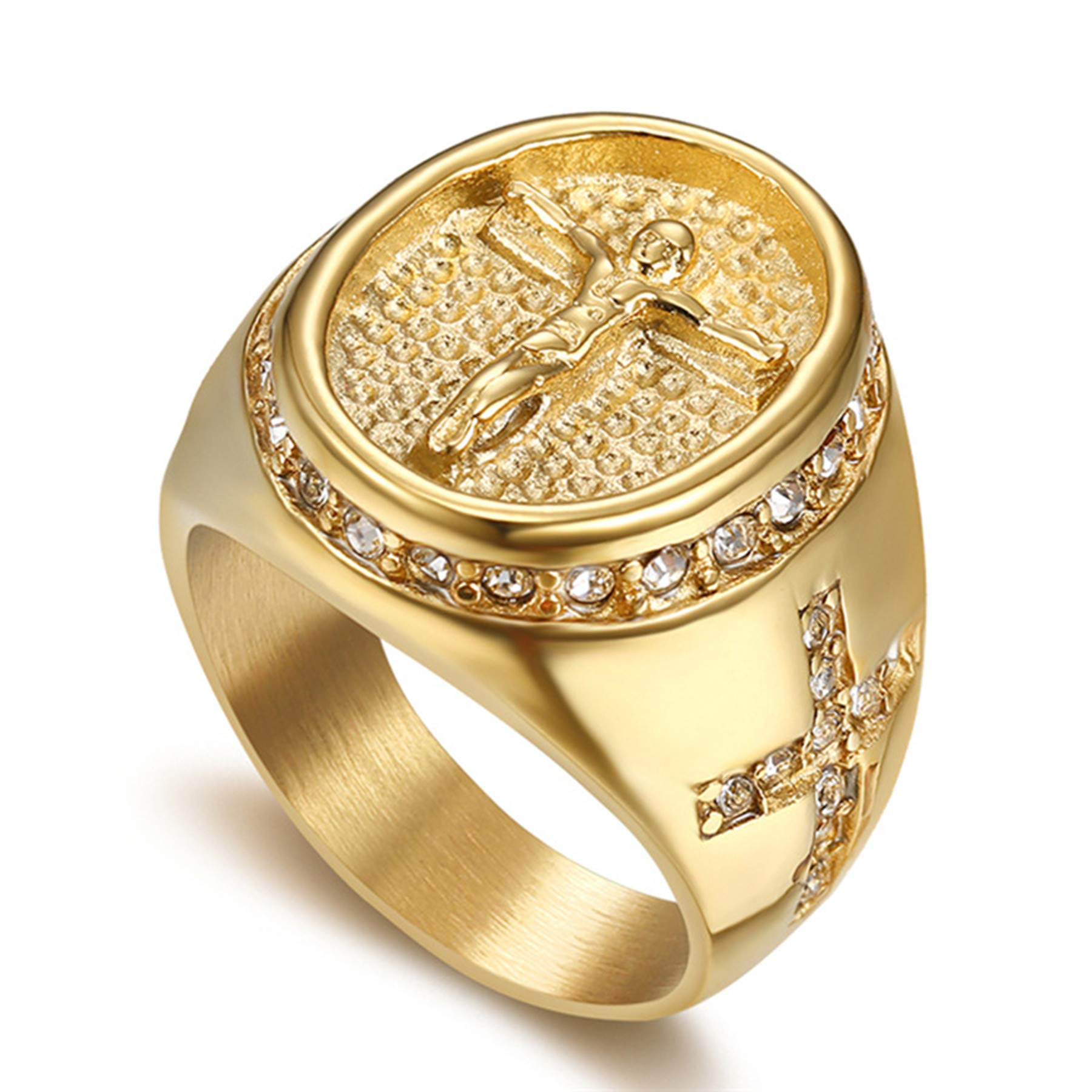JewelryWe Anillo de hombre oración Jesu'Cruz de acero inoxidable color oro