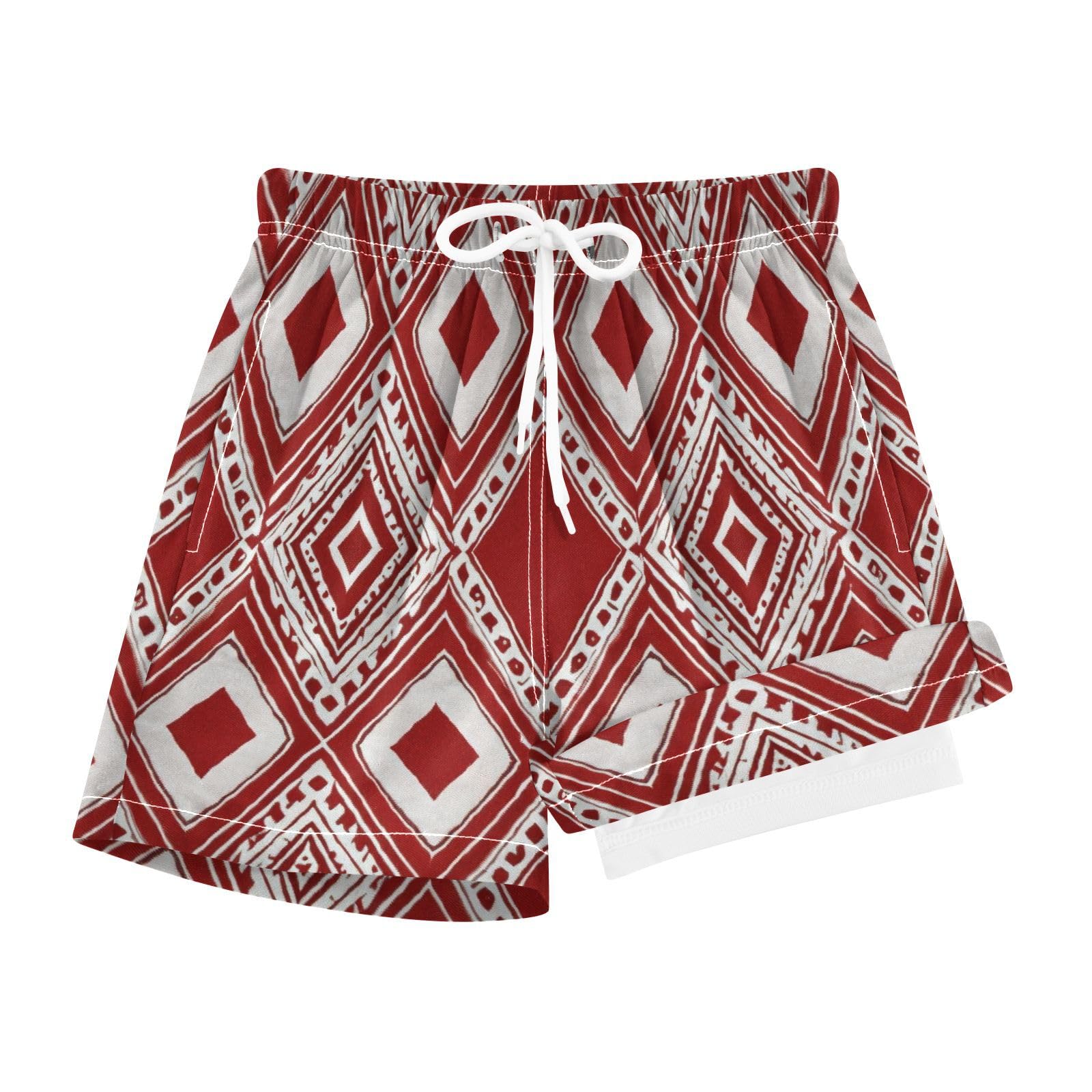 YANENDIE Boy Swim Trunks with Compression Liner African Ethnic Rhombus Red Boys Swim Shorts Quick Dry Beach Shorts