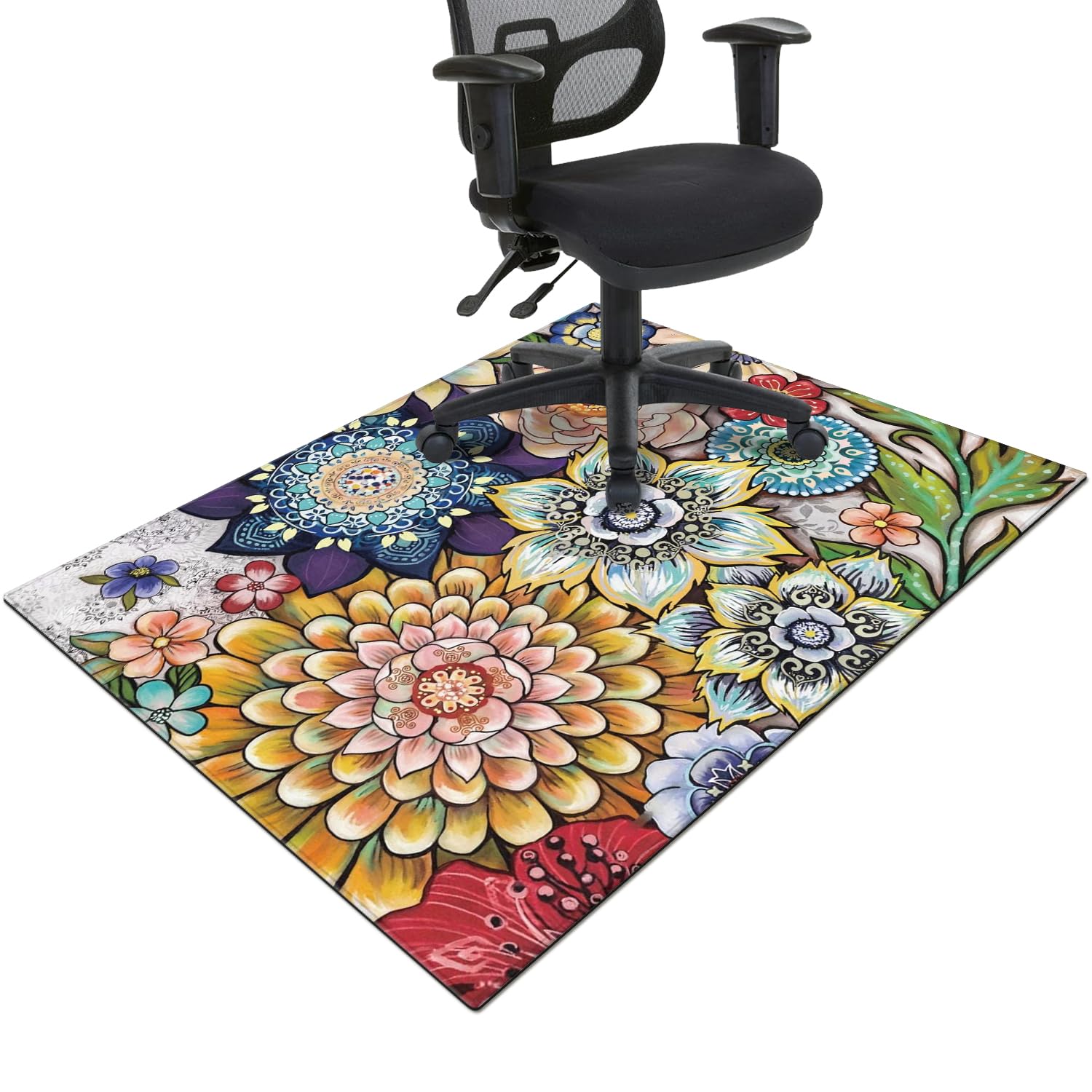 Office Chair Mat for Hardwood &amp; Tile Floor,Boho Floral 36"x48" Computer Chair Mat for Rolling Chairs Carpet,Under Desk Non Slip Gaming Rug,Low-Pile Rubber Backing Large Protector Mat(Mandala)