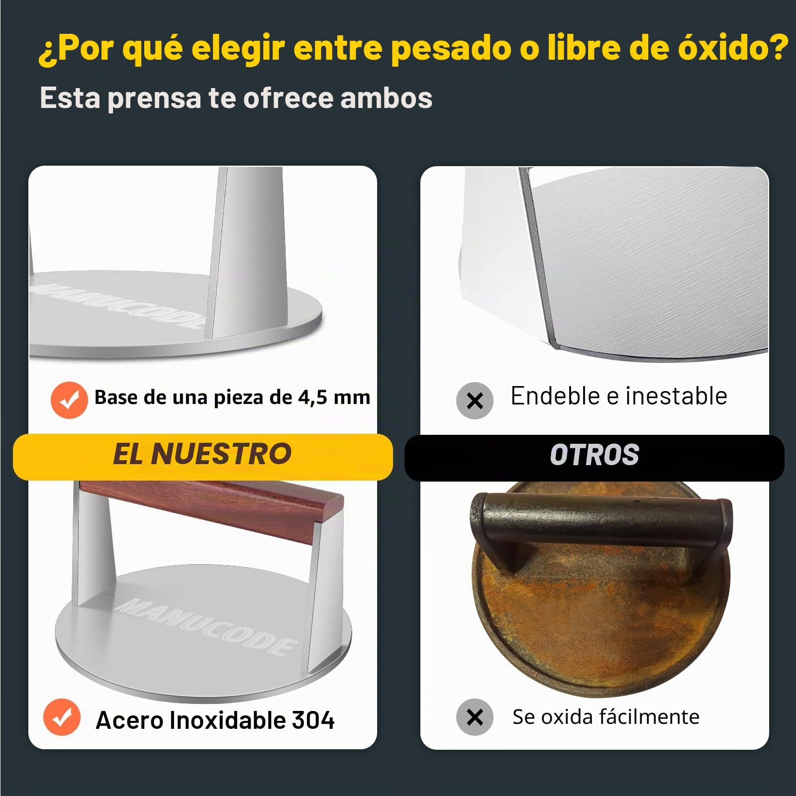 Prensa para hamburguesas de acero inoxidable, 17 cm, 1000 g, aplastador de hamburguesas, aplastador de carne para bistec