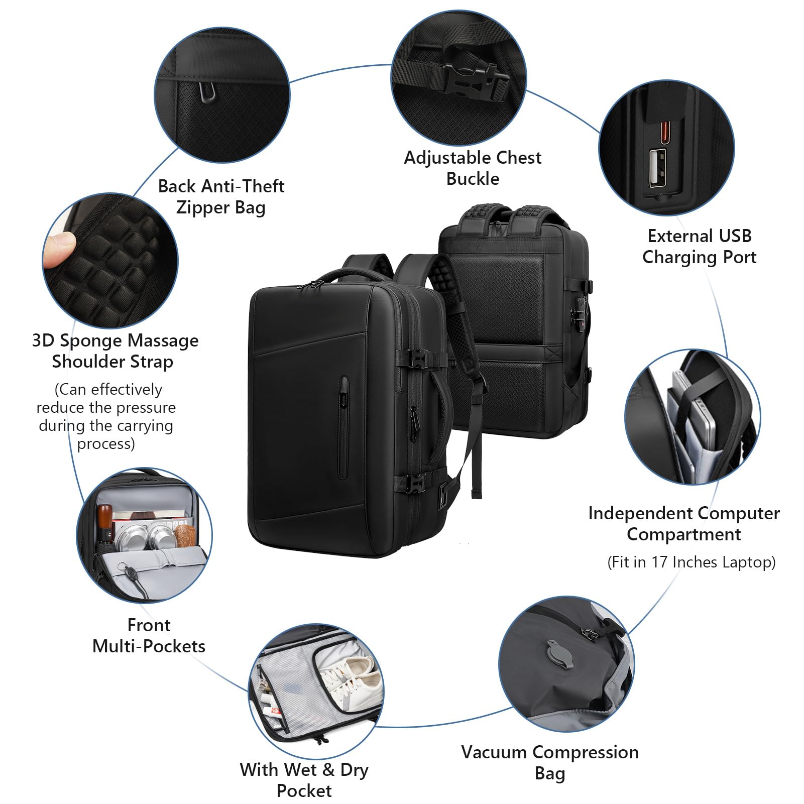 Mochila de viaje al vacío de 60 L, expandible, bolsa de compresión al vacío con bomba de aire, puerto de carga USB, resistente al agua, antirrobo, #211