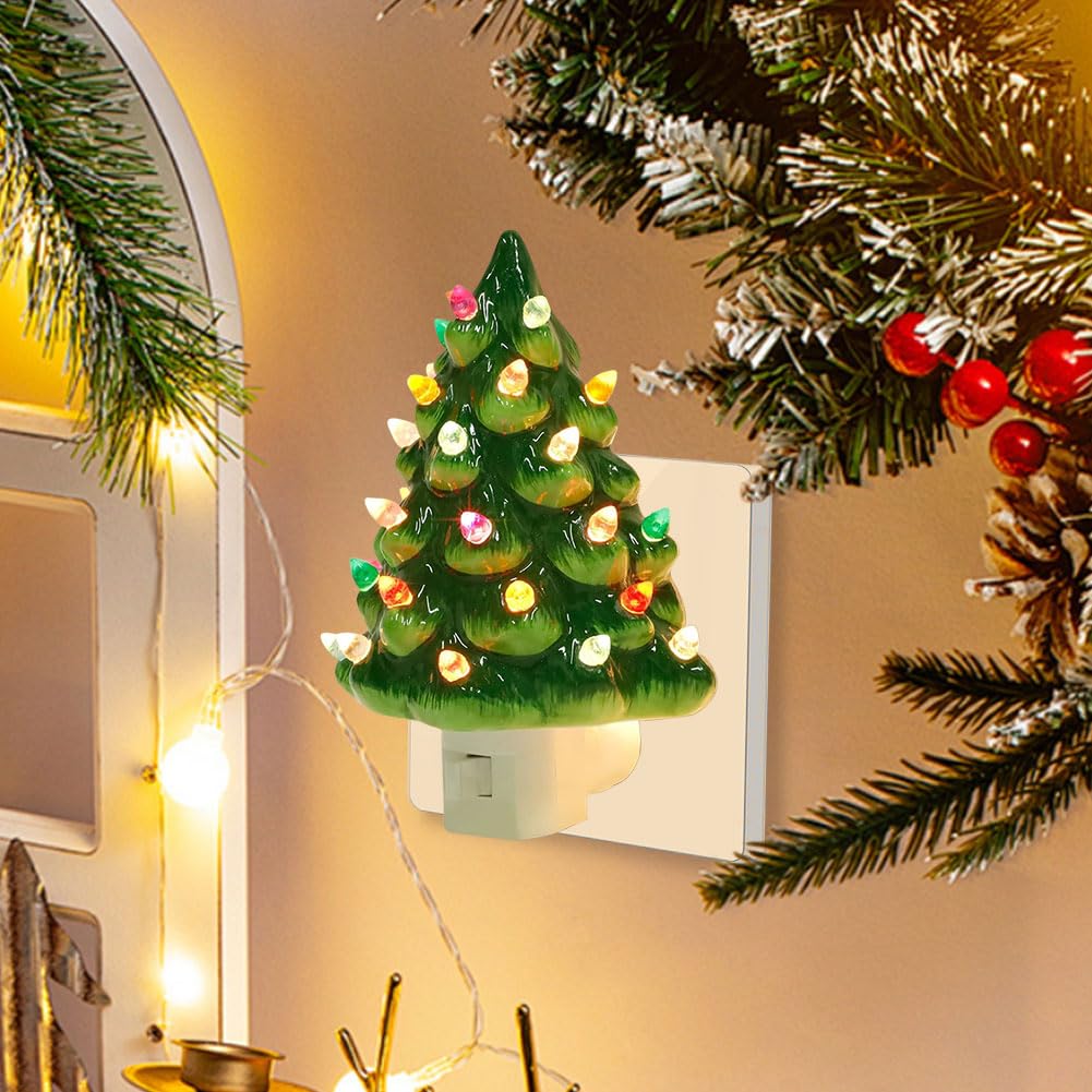 Christmas Tree Night Light, Vintage Christmas Night Light with Multicolor Bulbs, Decorative Christmas Tree Nightlight, Xmas Tree Nightlight for Bedroom Living Room Xmas Holiday Decor