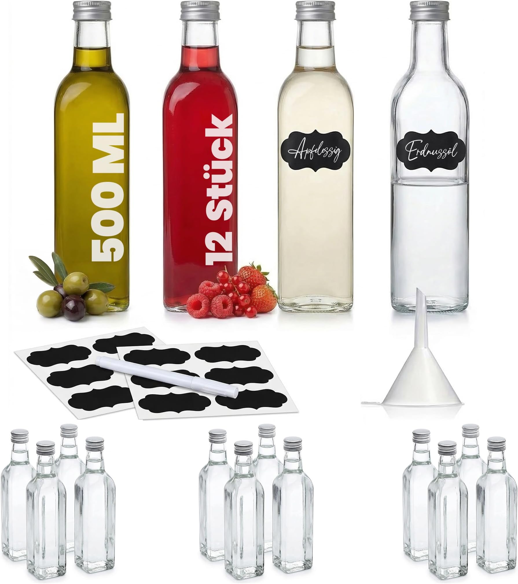 500ml Glass Bottles with Screw Tops 12 Pcs Reusable Twist-Off Lids Airtight Glass Bottle for Home Made Sloe Gin Liqueur Schnapps Soda Vodka Oil Vinegar Juice Water - Maraska (12 x 500 ml)