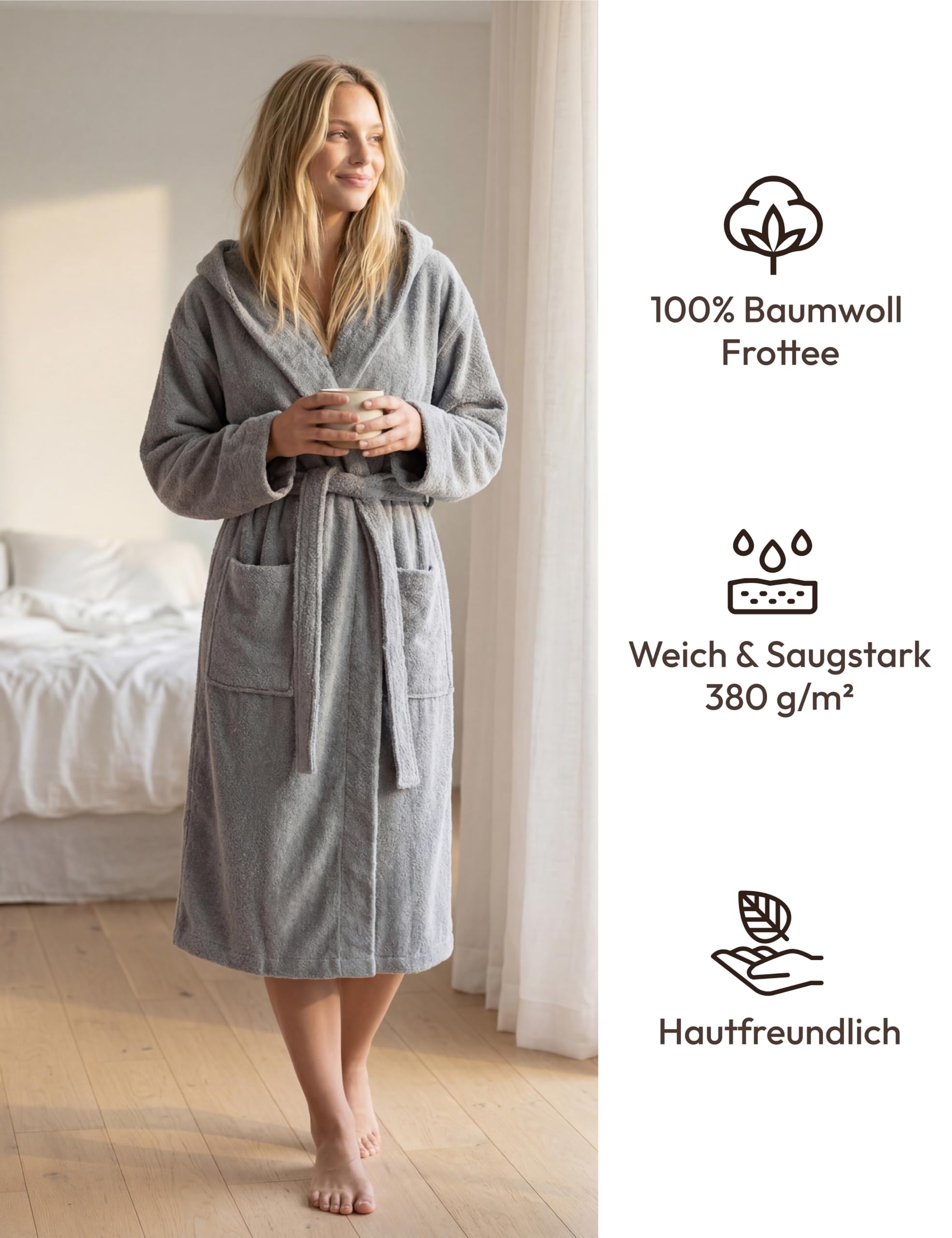 Szlafrok Damski Średniej Długości z Kapturem – 100% Bawełna Frotte 380 g/m² – Szlafrok Kąpielowy, Spa i Domowy, Długość do Łydki, Miękki, Chłonny, Rozmiary S–XXL