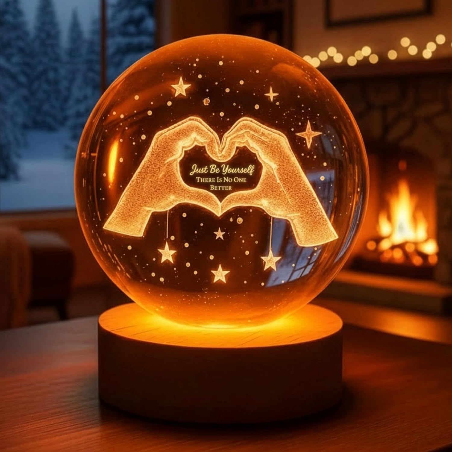 3D Engraved Crystal Ball Lamp 3.1in Glass Ball with LED Base, Just Be Yourself Inspirational LED Crystal Starry Night Decorative Light, Birthday Gift, Christmas Gift (Love Hands)