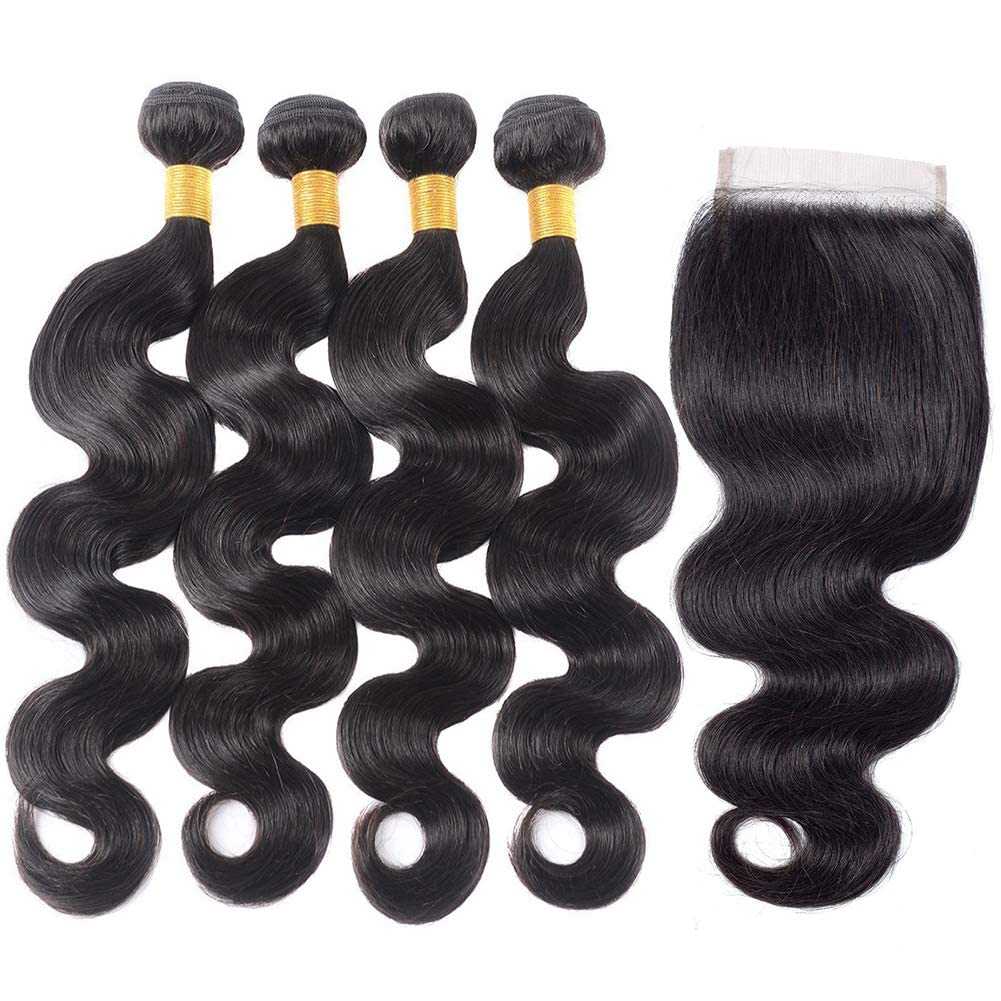 Brazilian Human Hair Body Wave Bundles with 4" x 4" Lace Closure Short Weave 4 Bundles Unprocessed Virgin Hair Mixed Length for Full Head Hair Extensions Weft Natural
