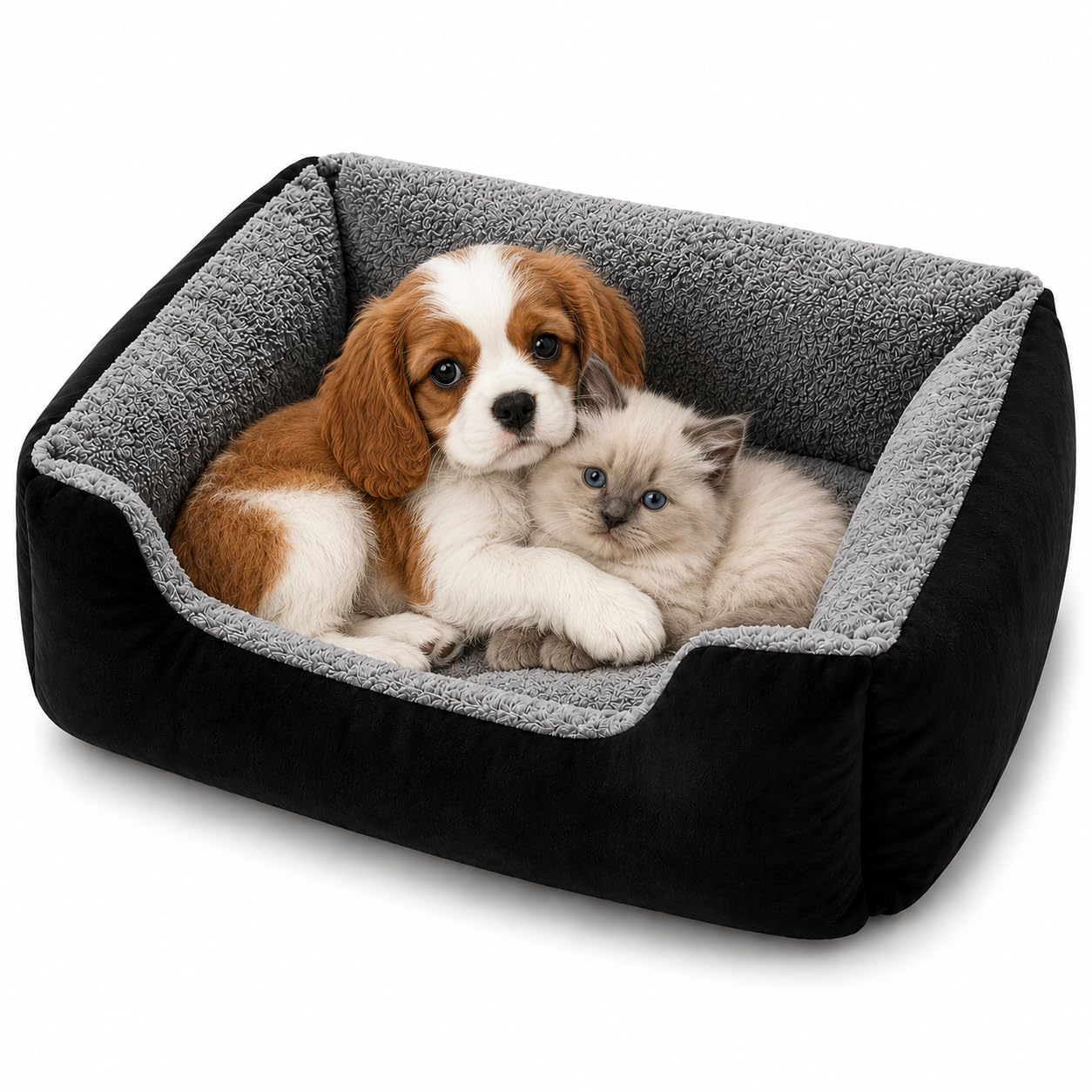 ORVEM Pet Bed for Dogs & Cats – Cosy Calming Plush Bed with Bolstered Sides, Washable Non-Slip Fluffy Dog Bed & Cat Bed for Small & Medium Pets, Soft & Warm (Black)