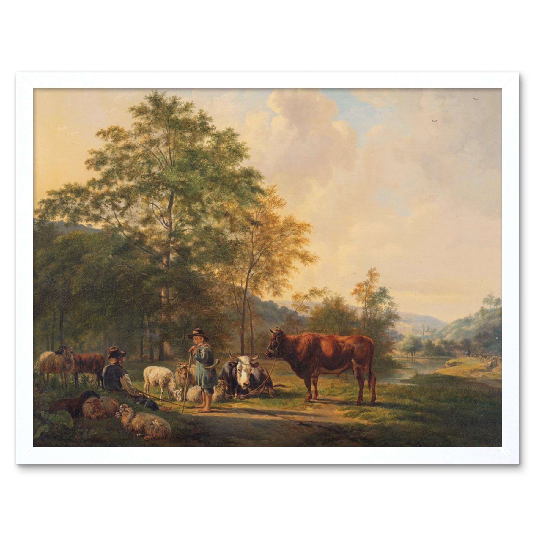 Artery8 Van Os Hilly Landscape Shepherd Cattle Painting Art Print Framed Poster Wall Decor 12x16 inch