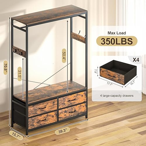 Miniatura 4 de Perchero independiente para colgar ropa, organizador de armario resistente con 4 cajones, 4 ganchos y estantes, almacenamiento de armario para