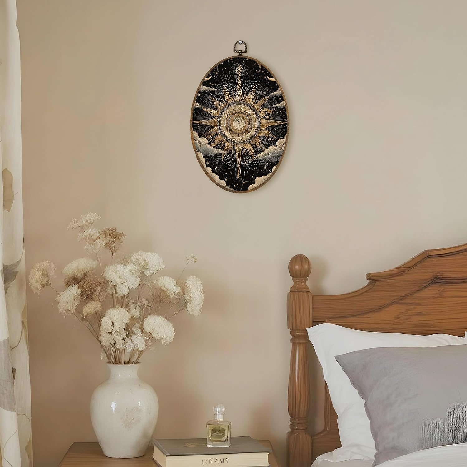 LKETW Boho Sun Moon Oval Wall Art Decor, Mystical Boho Oval Canvas Hanging Decor, Dark Aesthetic Celestial Sun and Moon Wall Decorations for Home Living Room Bedroom, 8.6x11.4 Inch
