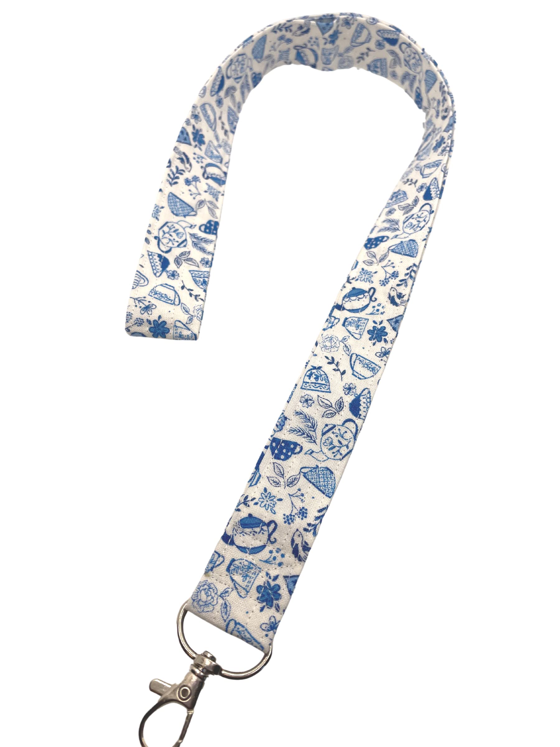 HandmadeDelft Teacups Lanyard Keychain ID Badge Key Keeper Camera Strap White Blue