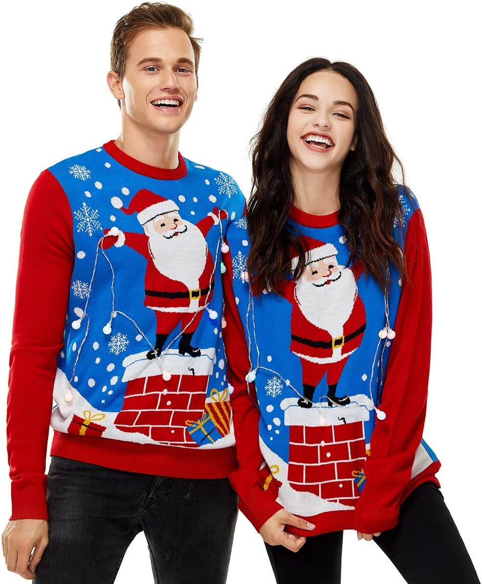 LED Ugly Christmas Sweater for Women, Unisex Men Xmas Pullover with Light for Party Festive Santa Holding The Led Lights X-Large - Image 2