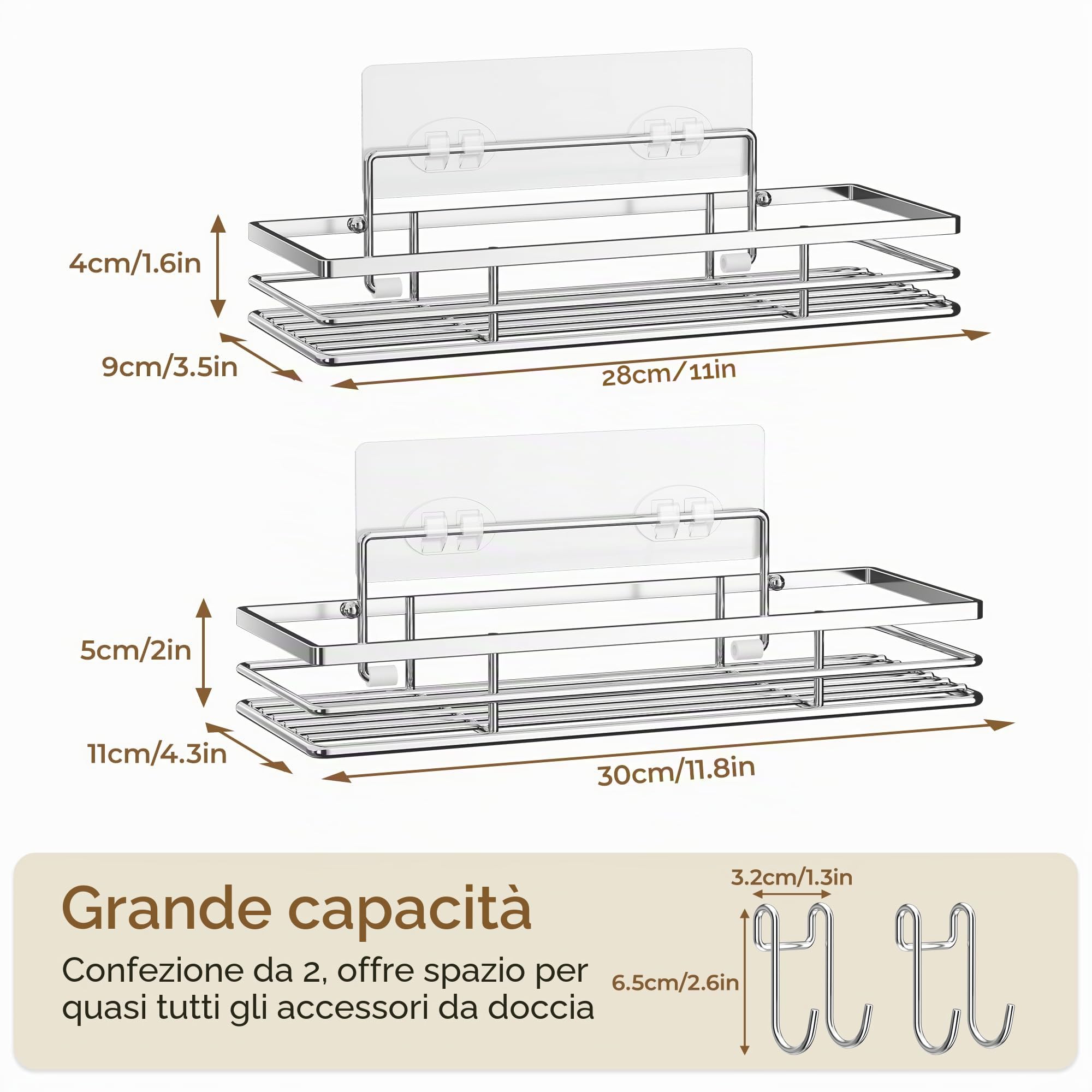 Pickpiff Mensola per doccia senza foratura SUS304 in acciaio inox, 2 pezzi, mensola doccia con 2 ganci, organizer bagno, supporto per shampoo per doccia autoadesivo