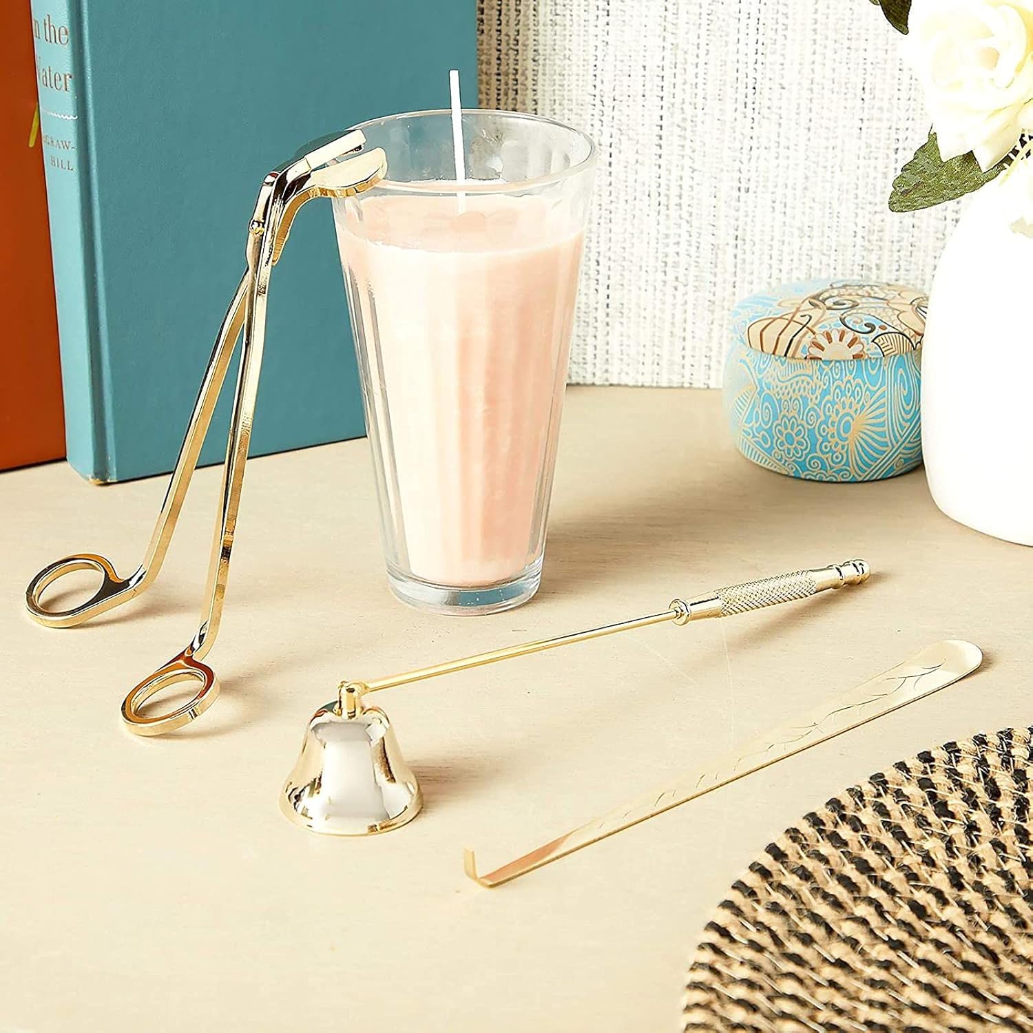 Juvale Candle Accessory Set with Wick Trimmer Scissors, Dipper, Snuffer (Gold, 3 Pieces)