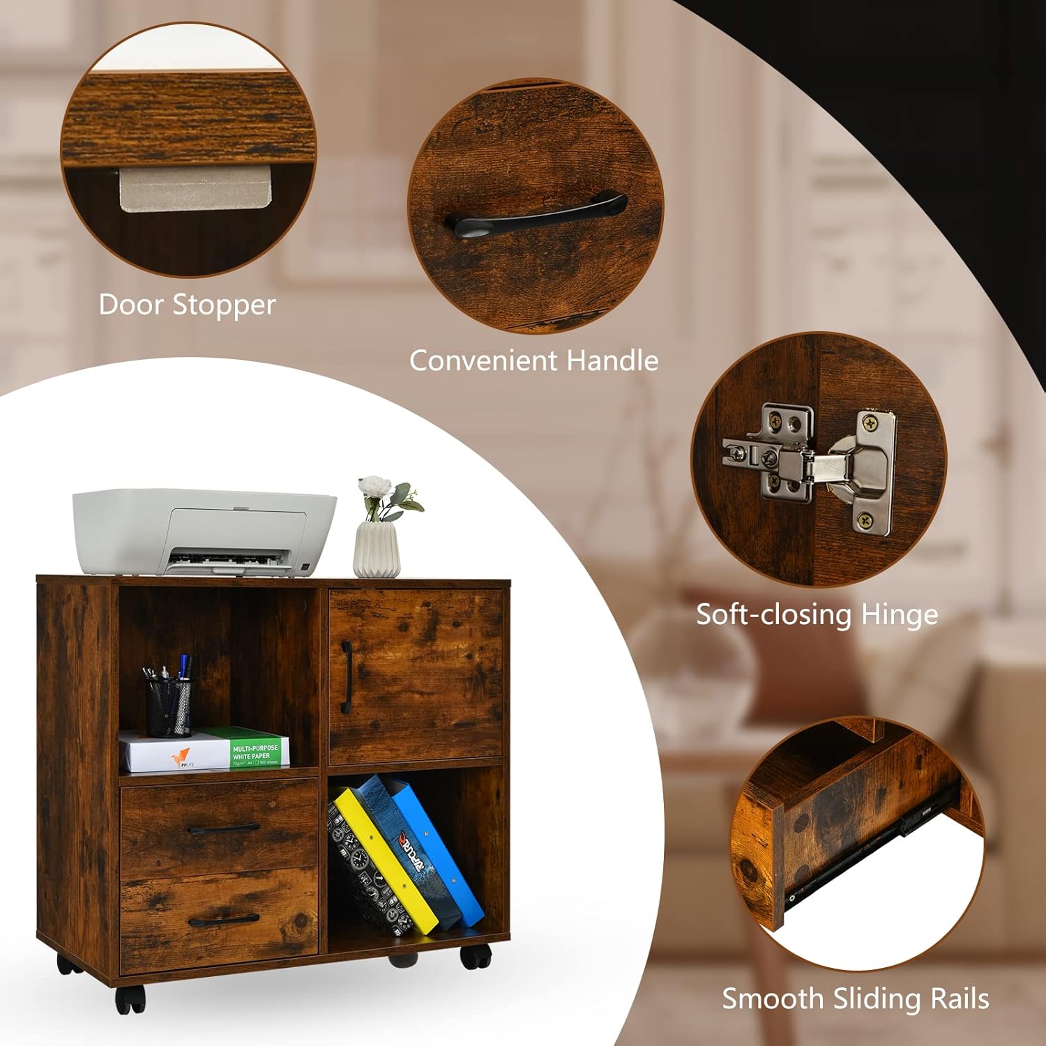 Giantex Printer Stand Lateral Cabinet - Mobile File Cabinet with 2 Drawers, Office Cabinet with 2 Open Compartments, Lateral Rolling Filing Cabinet on Wheels, Printer Cabinet(Brown)