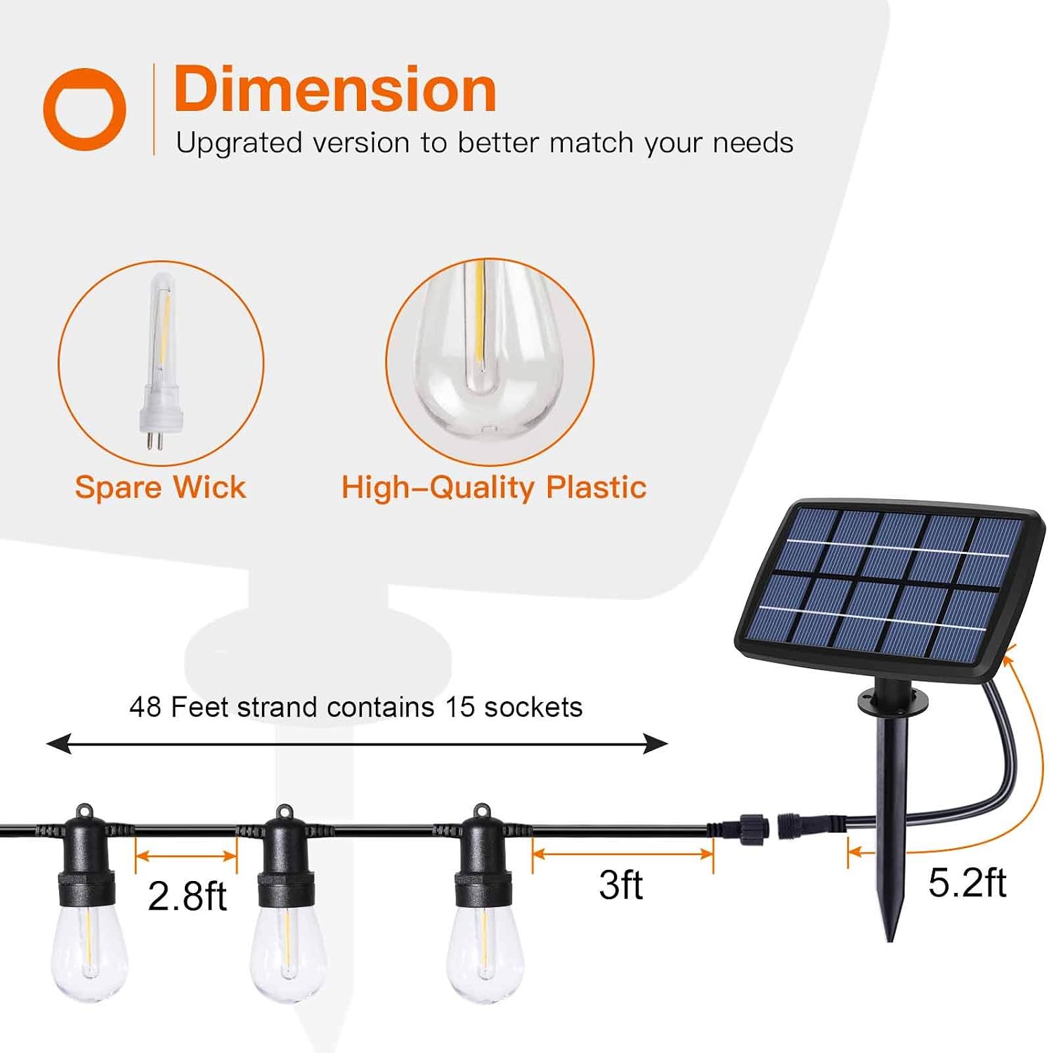 addlon 49FT Solar String Lights Outdoor, LED Solar Patio Lights, Porch Market Lights, Waterproof and Shatterproof, with Vintage Plastic Edison Bulbs, Create Cafe Feeling On Your Garden, Warm Yellow