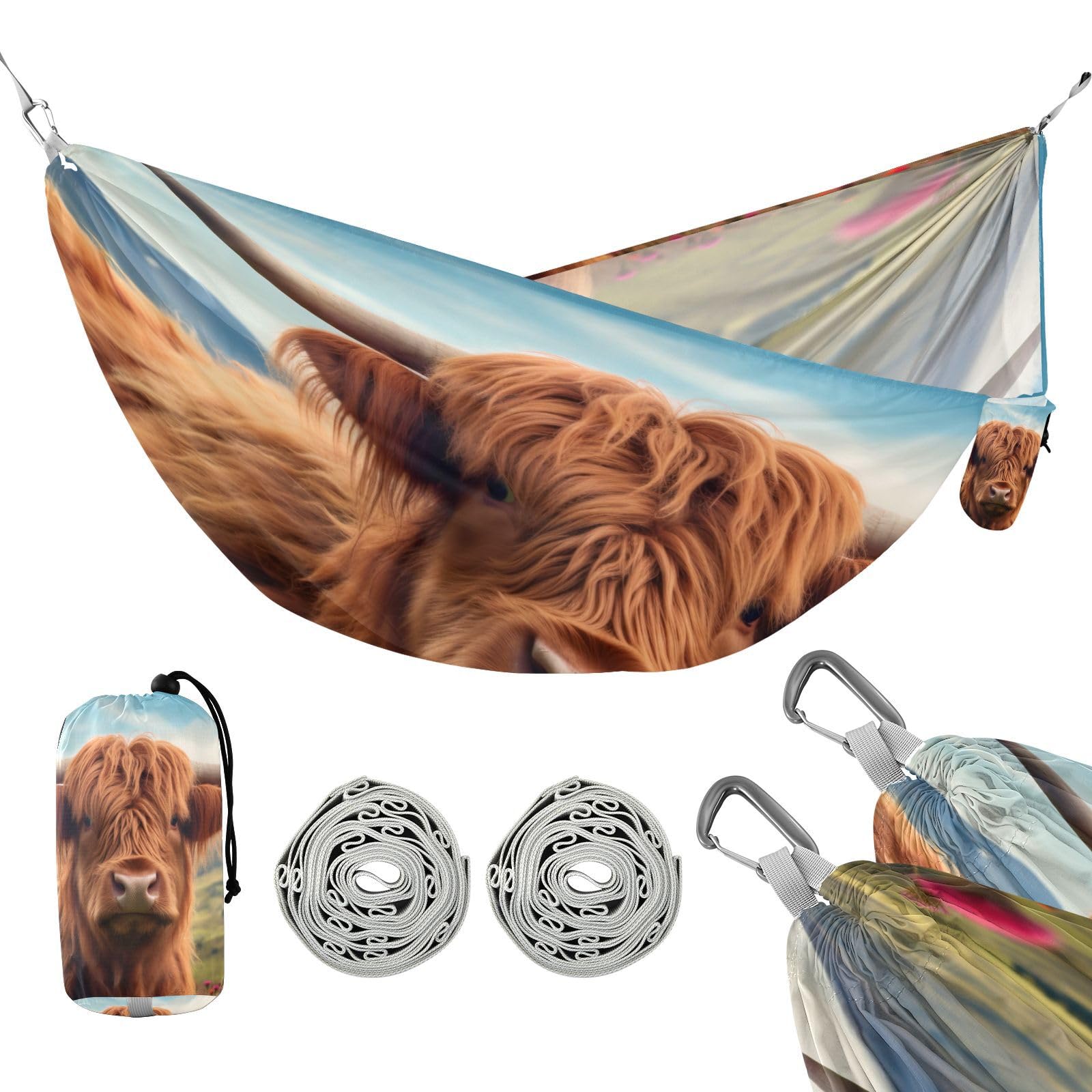 SDMKA Highland Cow Camping Hammock, 330 lbs with 2 Tree Straps, Carry Bag, Single Portable Hammock for Outdoor/Indoor, Hiking, Beach, Backpacking, Travel