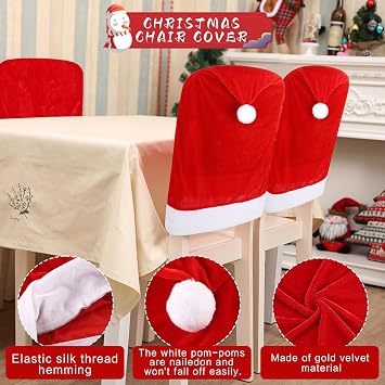 CCINEE 4pcs Christmas Chair Covers,Red and White Santa Claus Hat Chair Back Cover Christmas Chair Slipcovers for Xmas Kitchen Dinning Room Bar Decoration Holiday Festival Party Supply