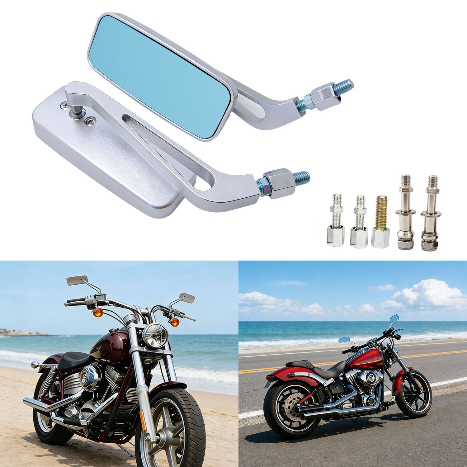 Specchietti Retrovisori Rettangolari Cromati 8mm 10mm con Lenti Blu, per Harley Davidson Softail Sportster, Honda, Bobber Cruiser Chopper Scooter Touring Sport Bike ATV