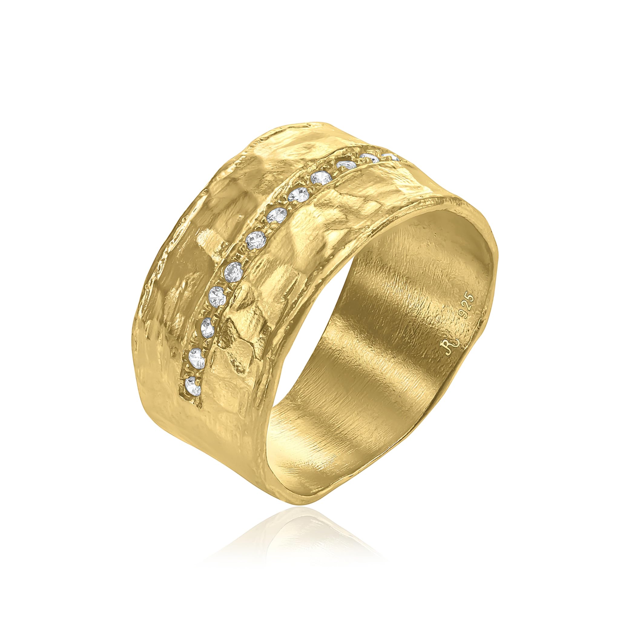14K vergoldeter Sterling Silber Statement Ring mit 0,13 ct Halb-Ewigkeit Zirkonia, gehämmerte breite Schiene, Goldring, Schmuck Geschenk für Damen, ästhetischer Goldschmuck