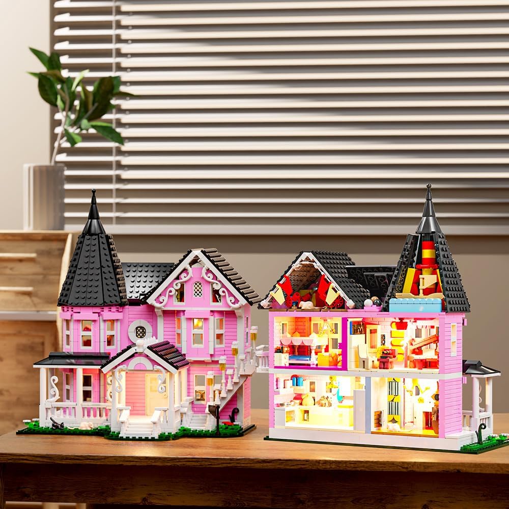 Pink Palace House Building Set with Lights, Halloween Haunted House Blocks Toy, Halloween House Kit for Kids Adults,Christmas for Girls and Boys, Aged 8+ (1349PCS)