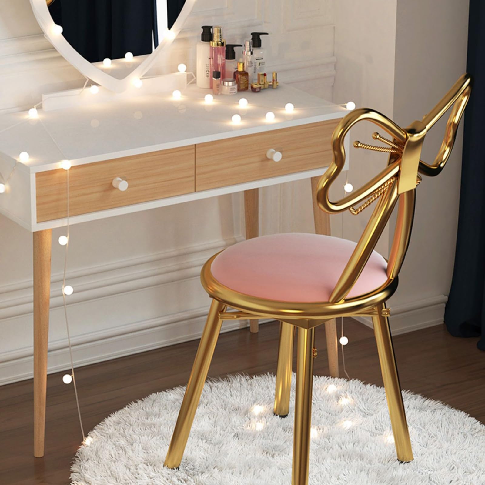 Silla de Maquillaje con Respaldo de Hierro Forjado, Multifuncional, con Lazo de Mariposa, para Dormitorio, Sala de Estar, Cocina (Color: Rosa)