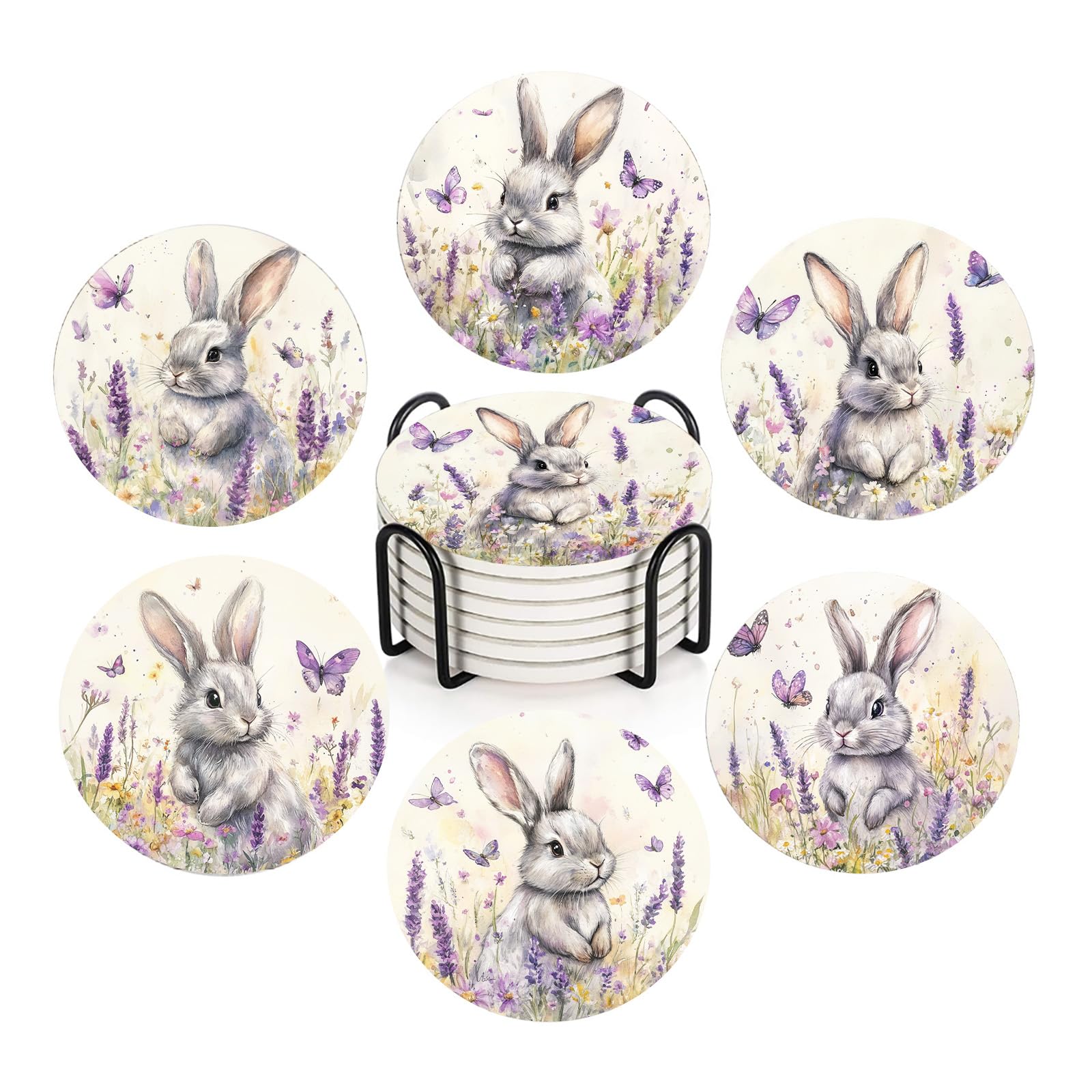 ubcindy Easter Rabbit Flower Coasters Set of 6 for Drinks,Round Absorbent Ceramic Stone Coaster with Metal Holder,Cute Bunny Purple Lavender Coaster